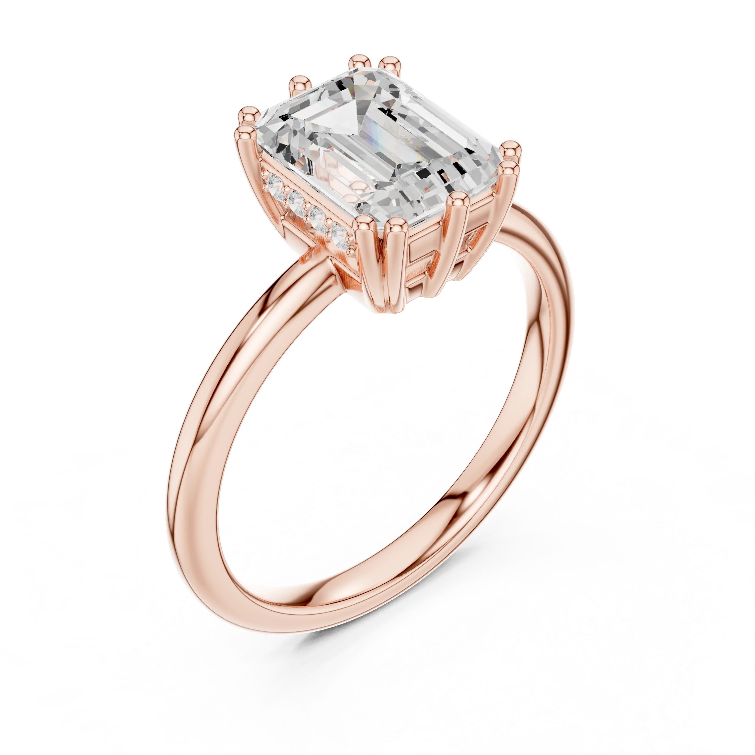 Emerald Cut Diamond Solitaire Engagement Ring with Hidden Accent Diamonds