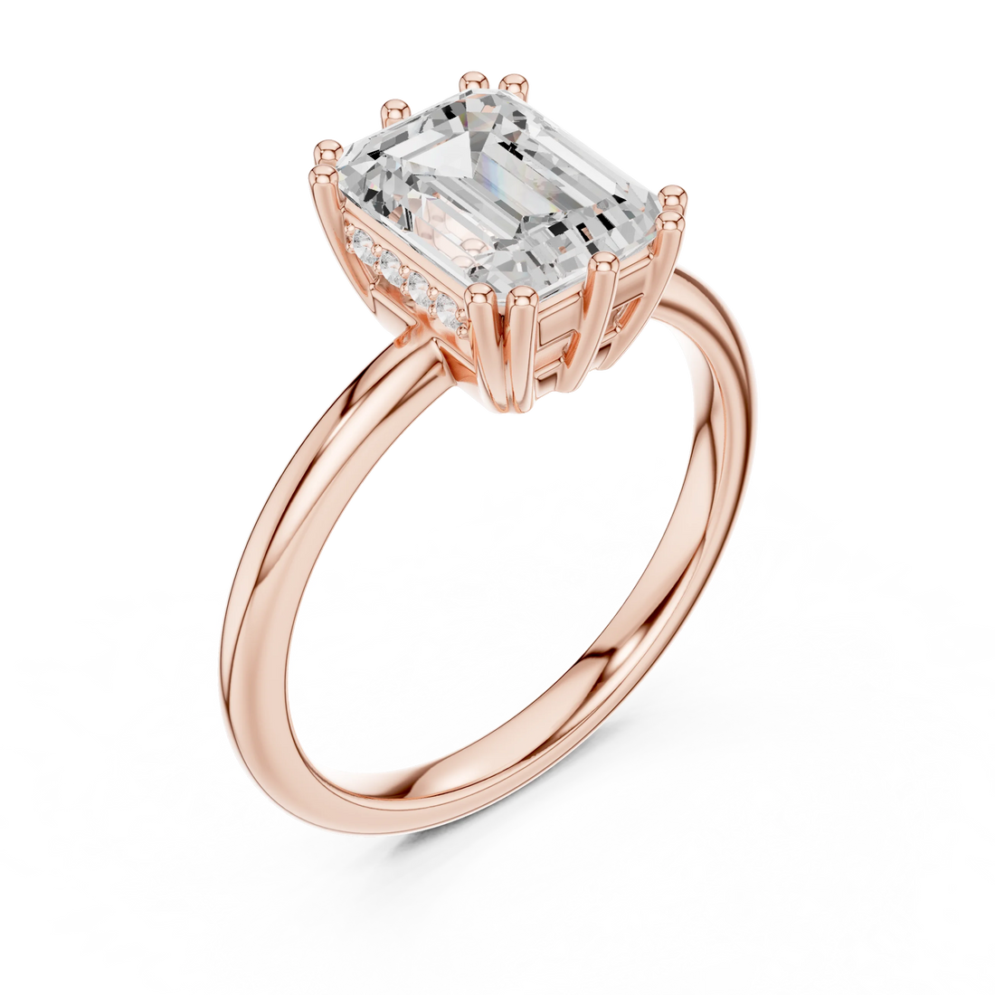 Emerald Cut Diamond Solitaire Engagement Ring with Hidden Accent Diamonds