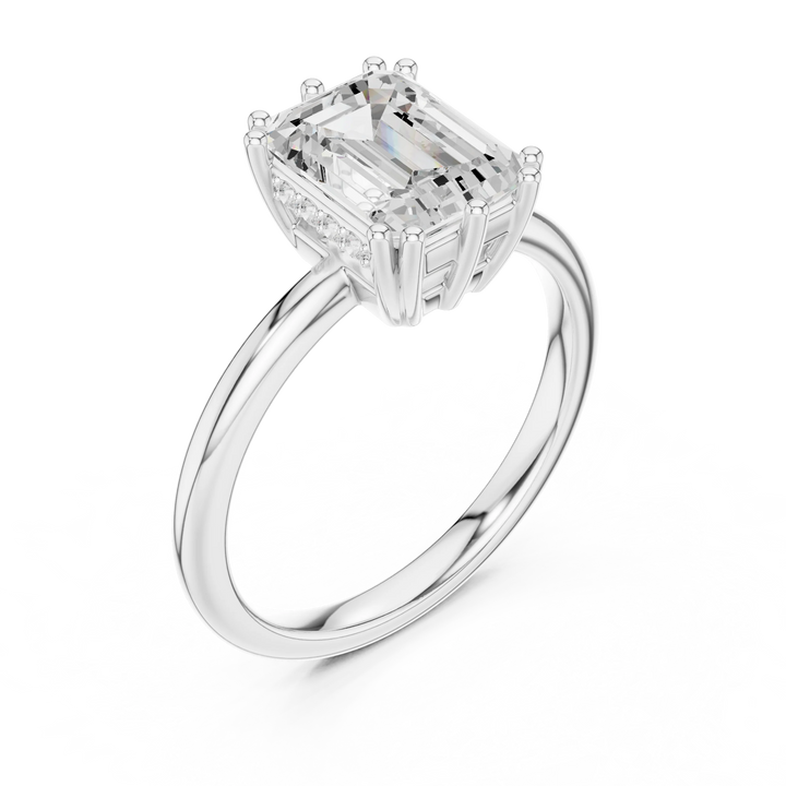 Emerald Cut Diamond Solitaire Engagement Ring with Hidden Accent Diamonds