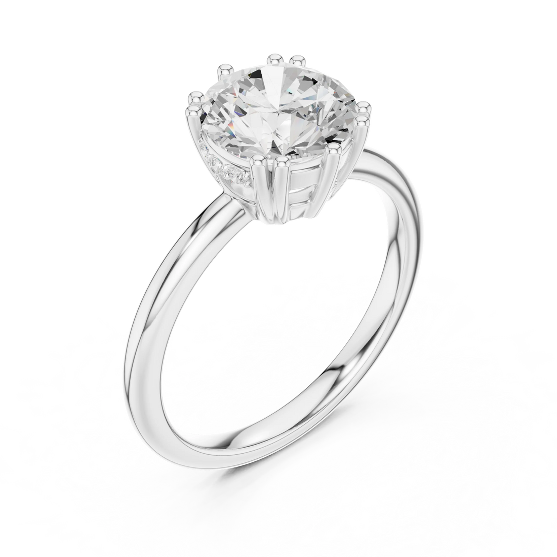 Round Cut Diamond Solitaire Engagement Ring with Hidden Accent Diamonds