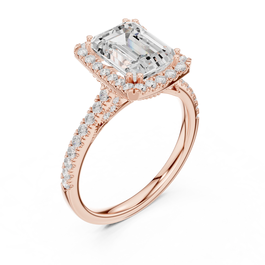 Emerald Cut Diamond Halo Engagement Ring with Pave Band