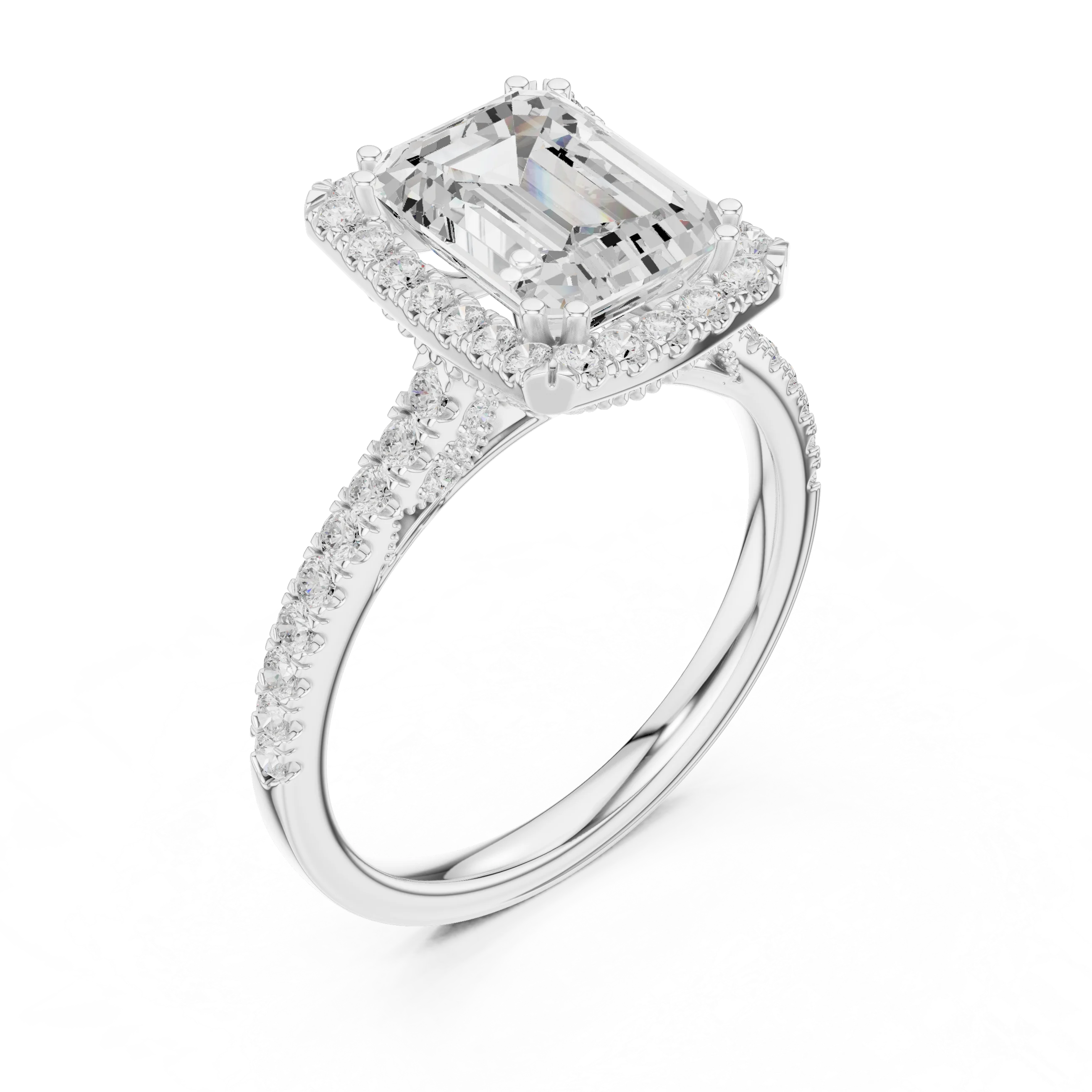 Emerald Cut Diamond Halo Engagement Ring with Pave Band