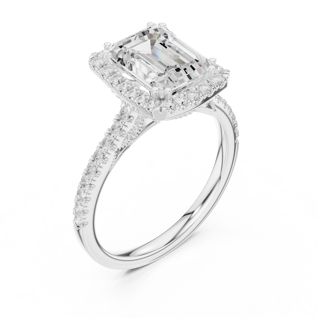 Emerald Cut Diamond Halo Engagement Ring with Pave Band