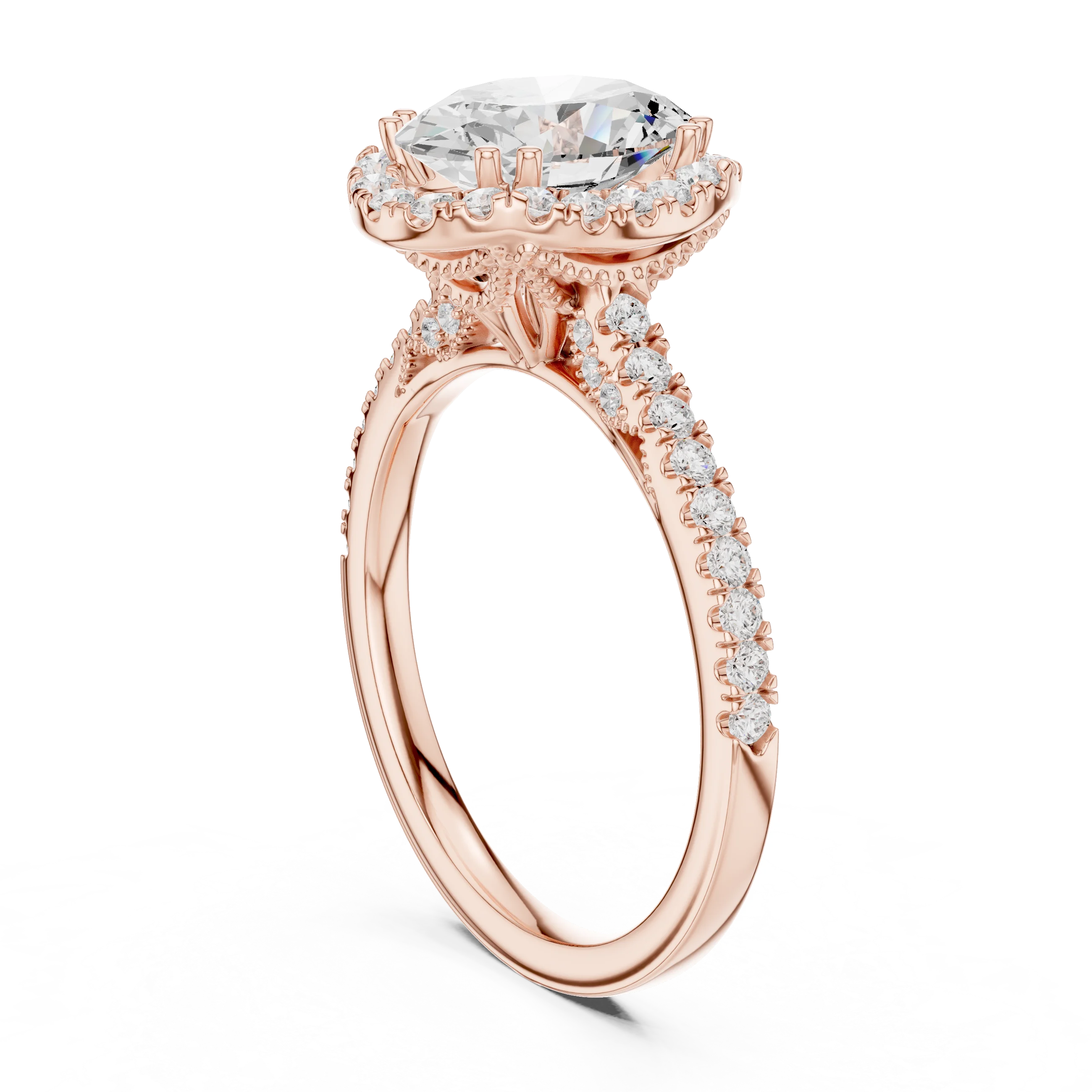 Oval Cut Diamond Halo Engagement Ring with Pave Band