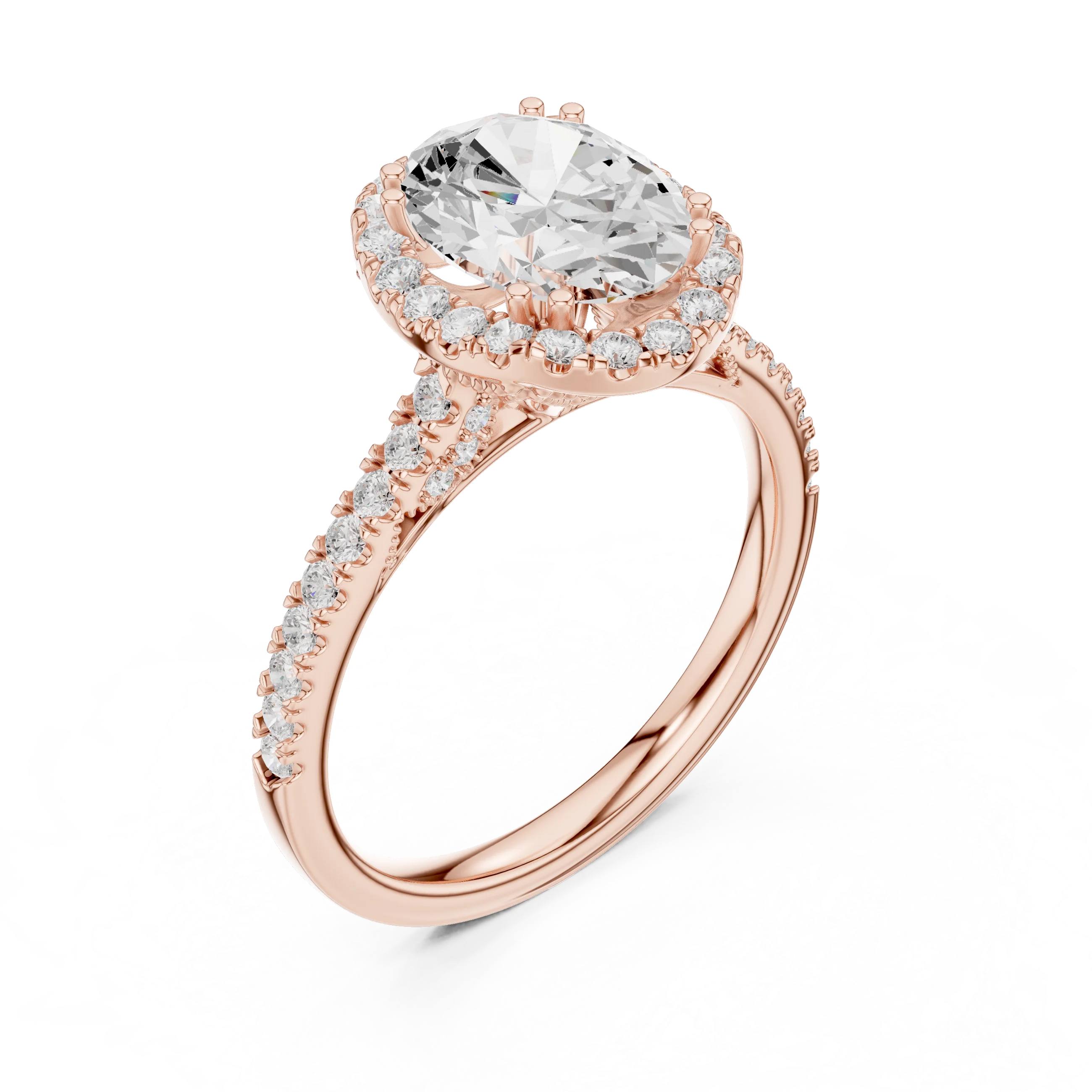 Oval Cut Diamond Halo Engagement Ring with Pave Band
