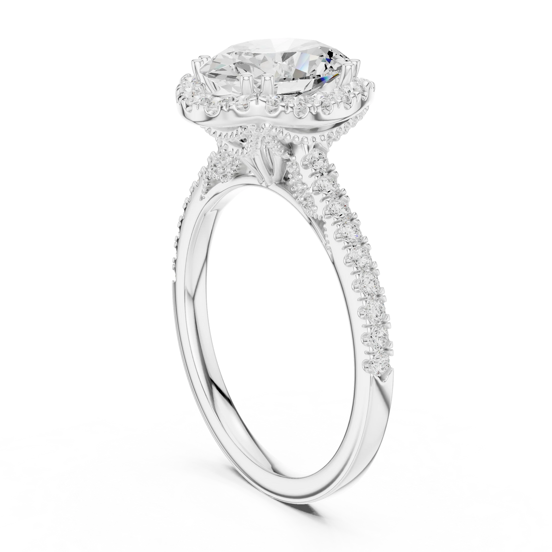Oval Cut Diamond Halo Engagement Ring with Pave Band