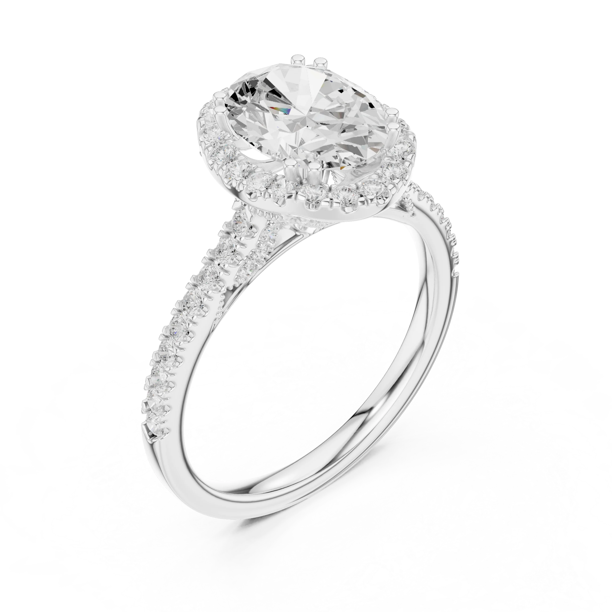 Oval Cut Diamond Halo Engagement Ring with Pave Band
