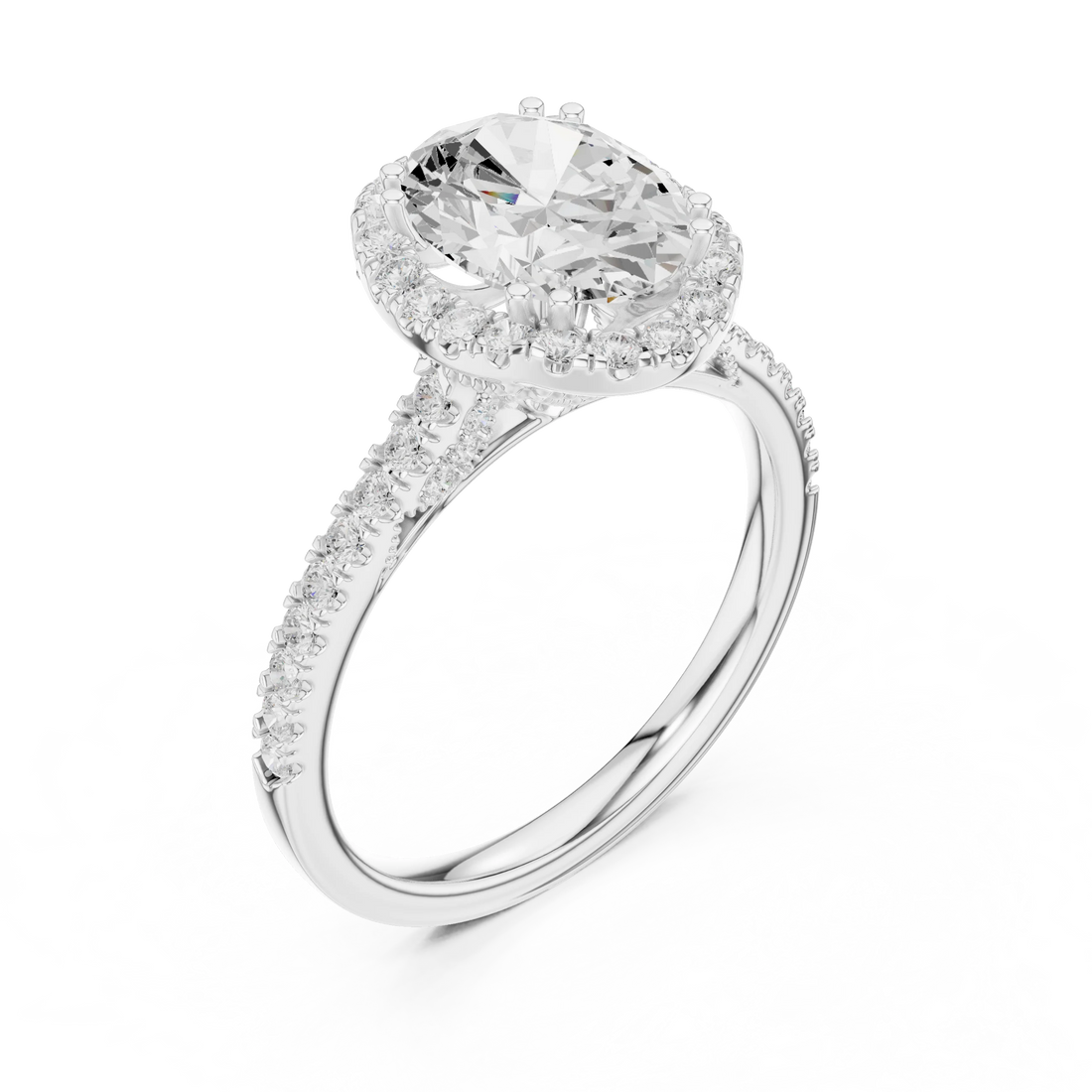 Oval Cut Diamond Halo Engagement Ring with Pave Band