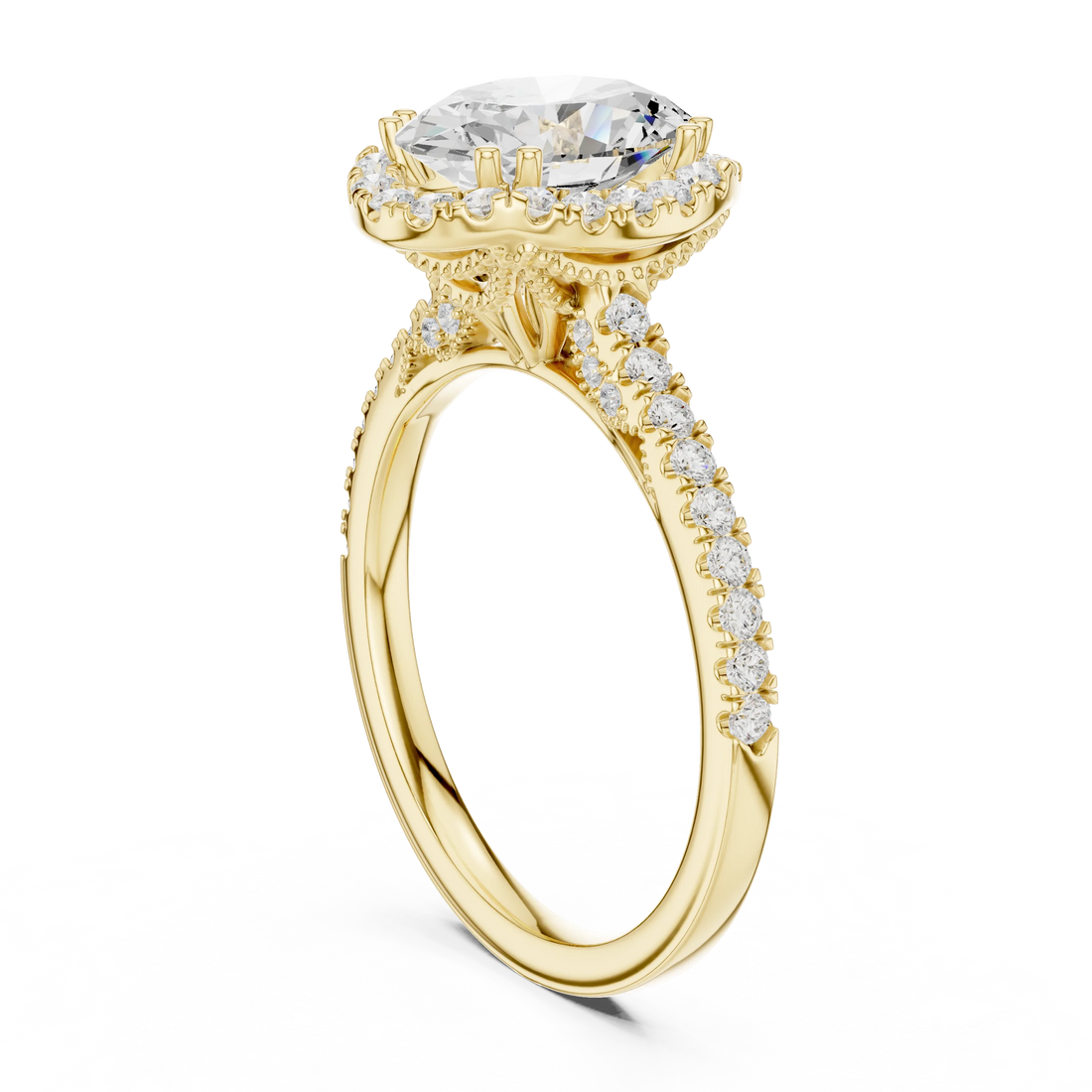 Oval Cut Diamond Halo Engagement Ring with Pave Band
