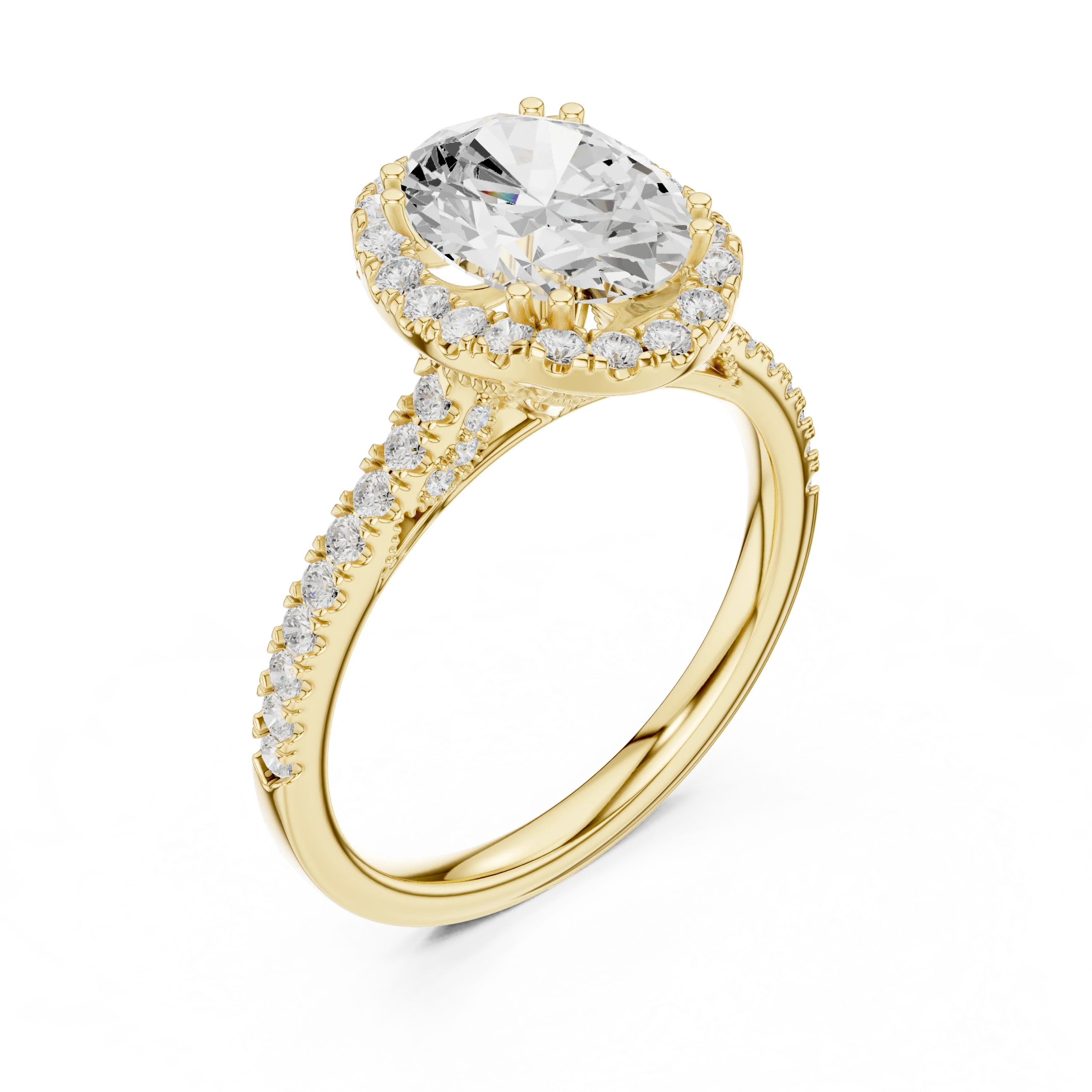 Oval Cut Diamond Halo Engagement Ring with Pave Band