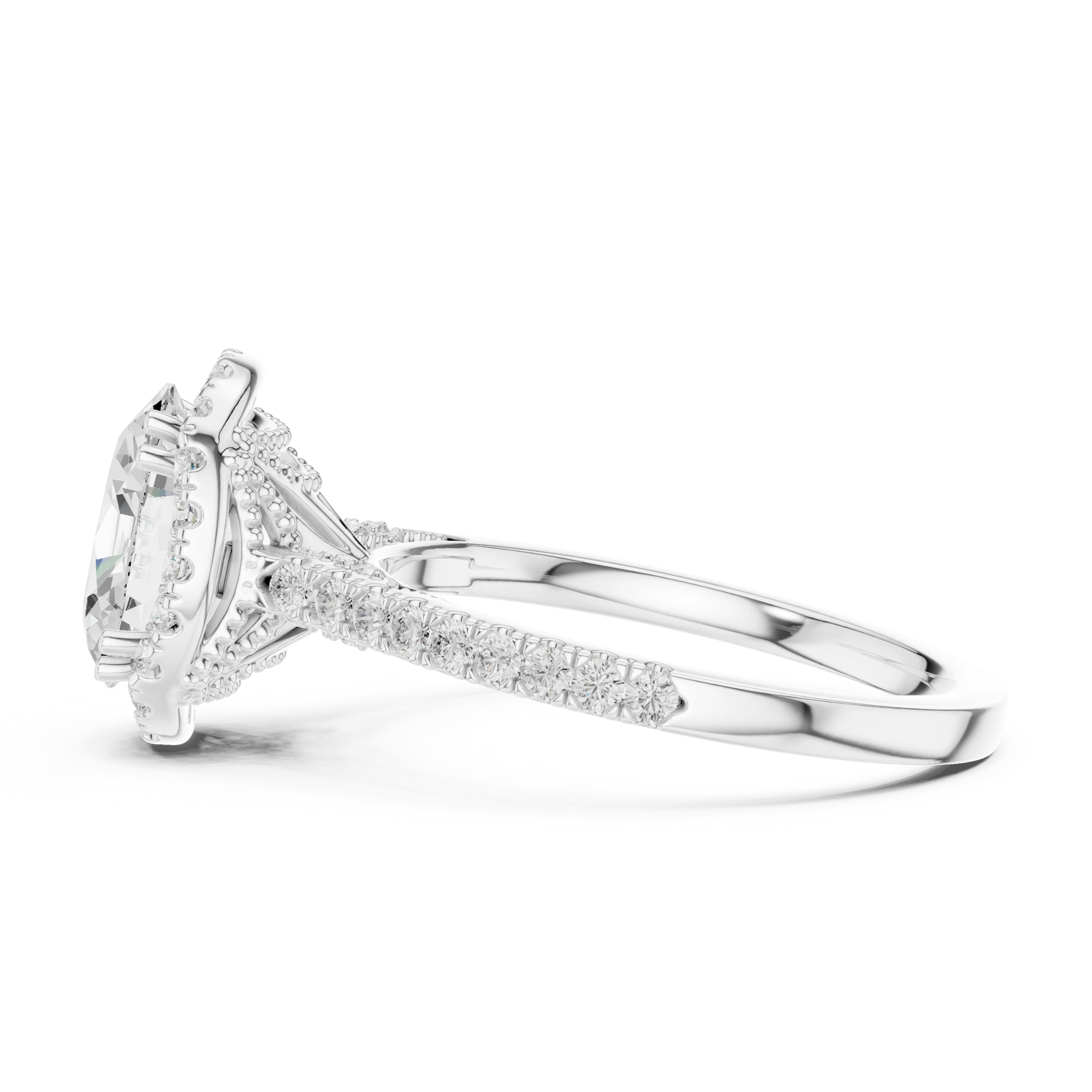 Oval Cut Diamond Halo Engagement Ring with Pave Band