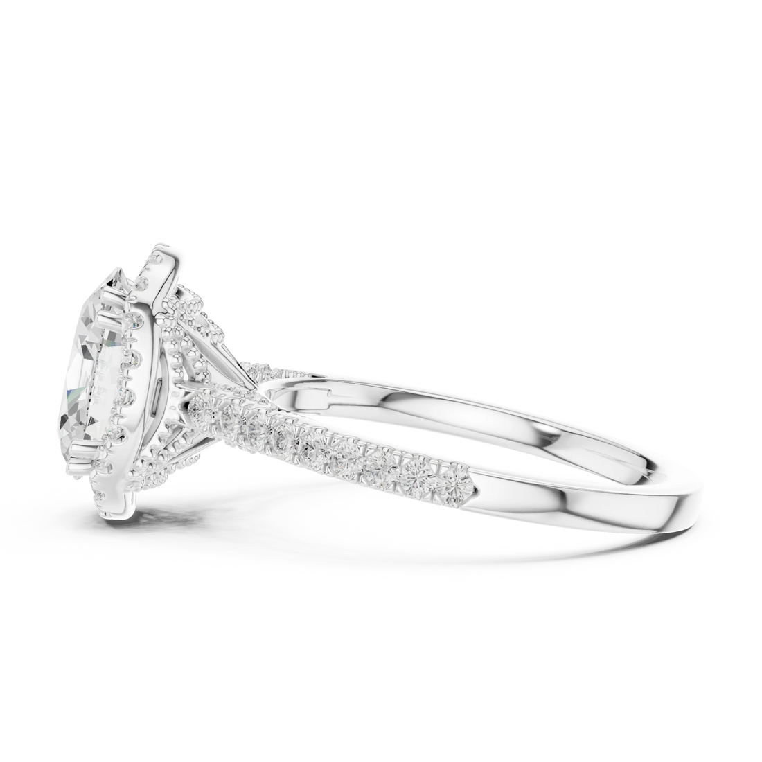Oval Cut Diamond Halo Engagement Ring with Pave Band