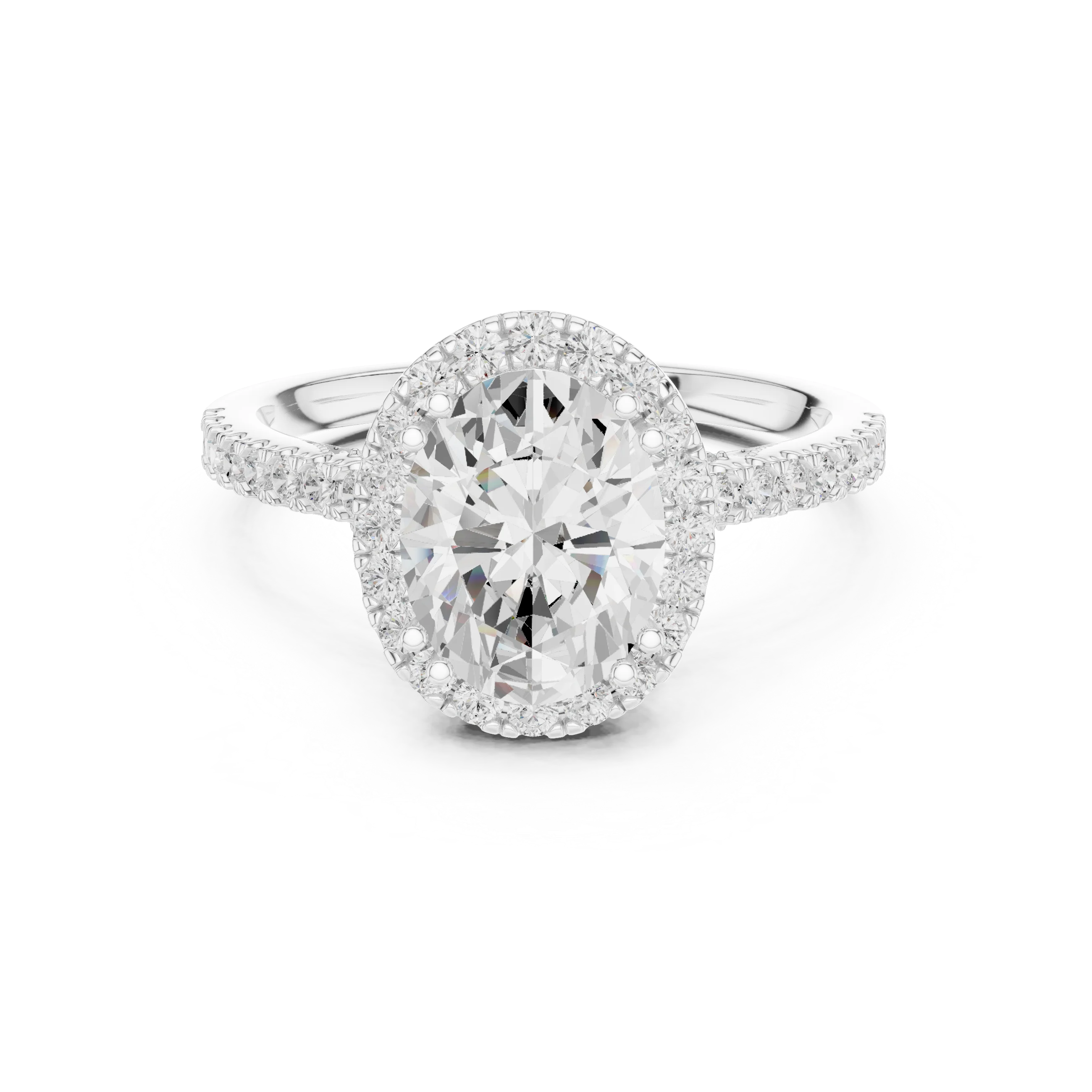 Oval Cut Diamond Halo Engagement Ring with Pave Band