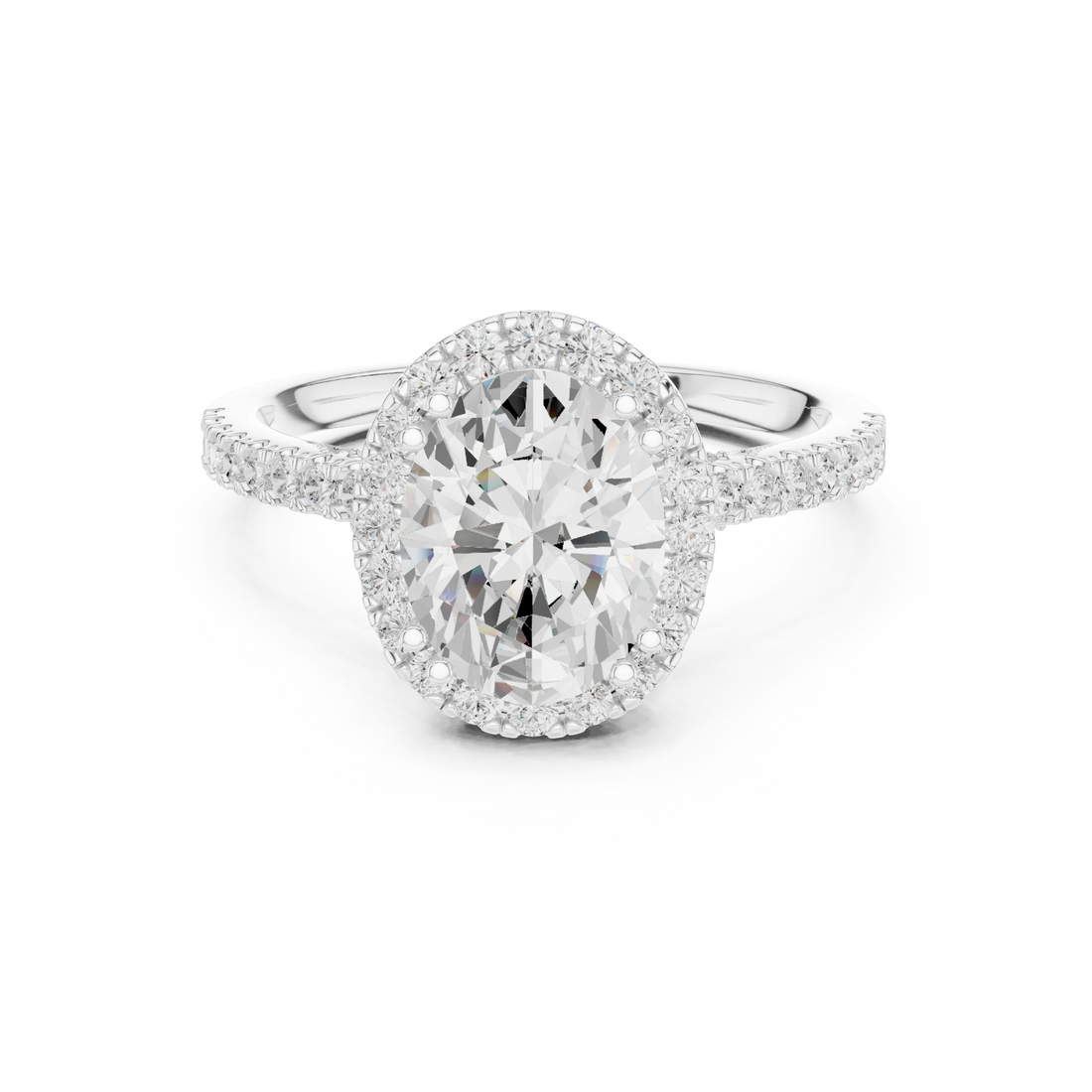 Oval Cut Diamond Halo Engagement Ring with Pave Band