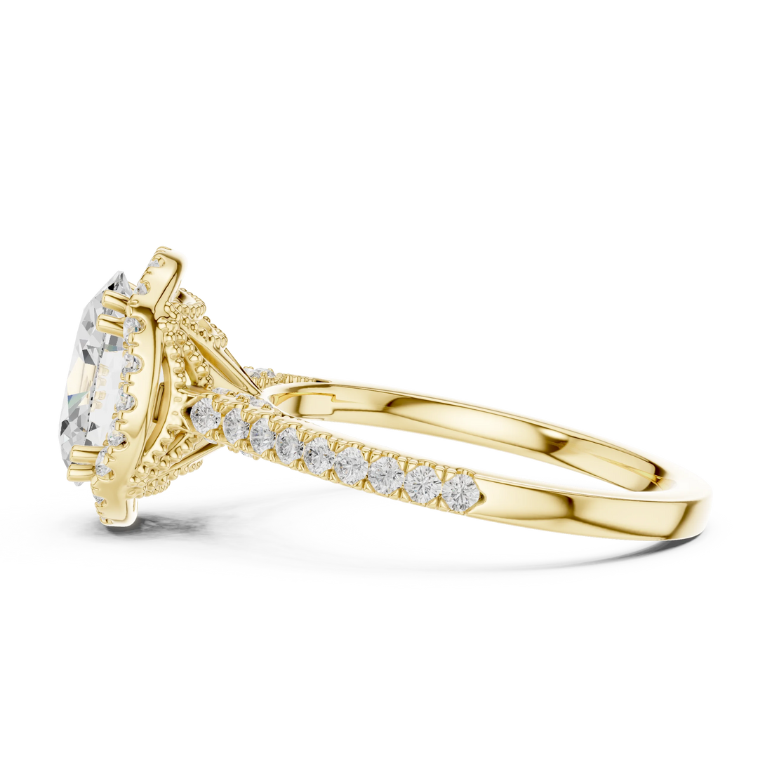 Oval Cut Diamond Halo Engagement Ring with Pave Band