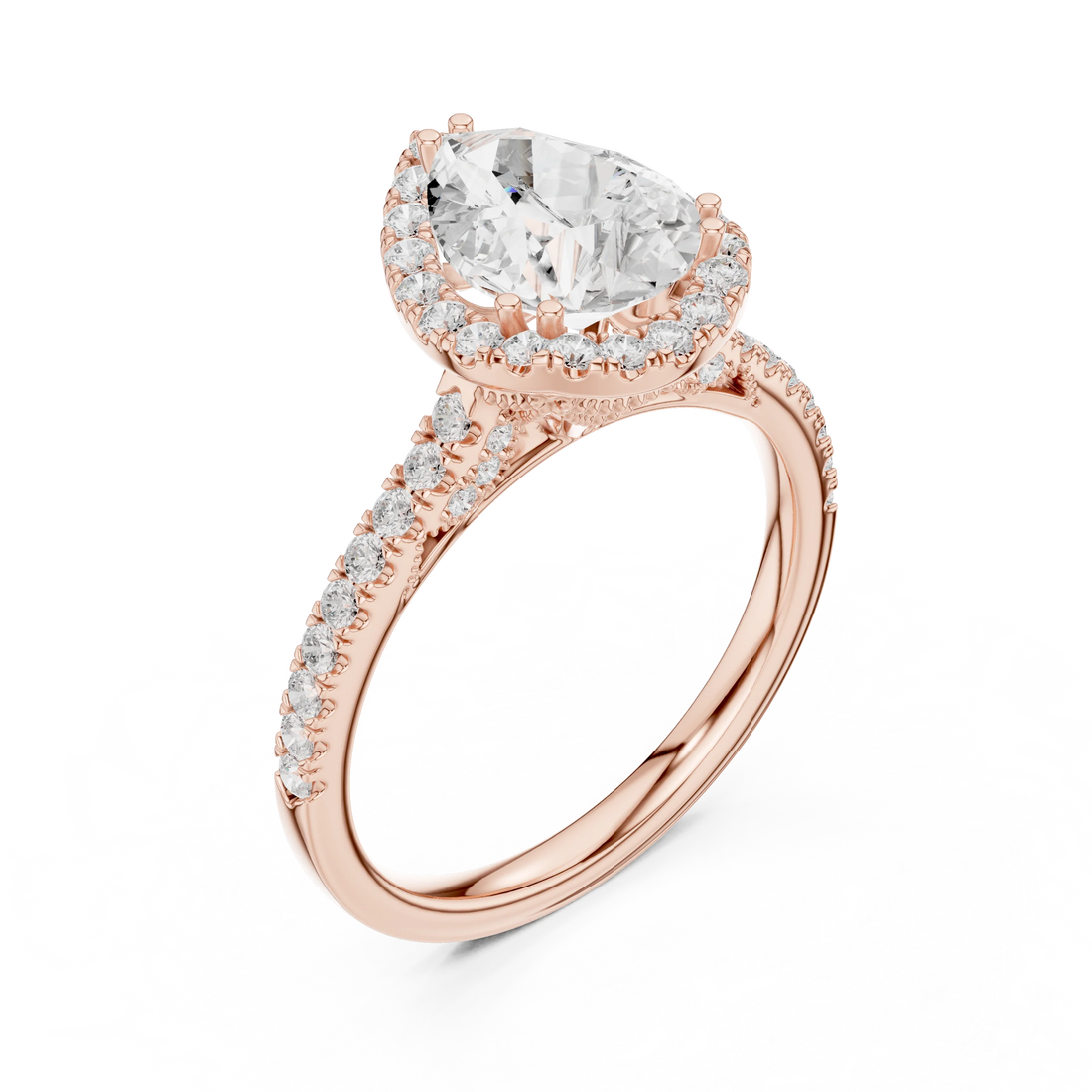 Pear Cut Diamond Halo Engagement Ring with Pave Band