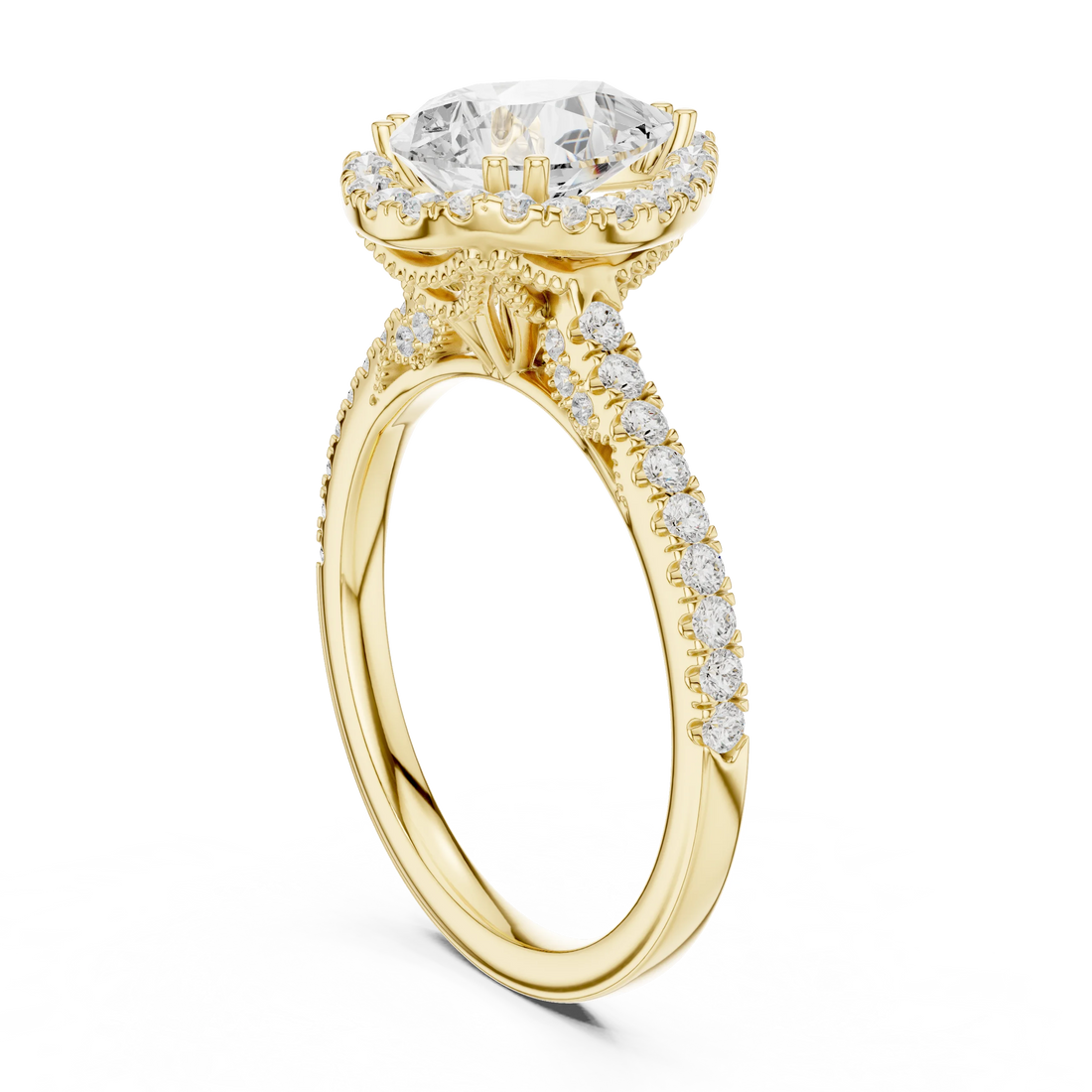Pear Cut Diamond Halo Engagement Ring with Pave Band