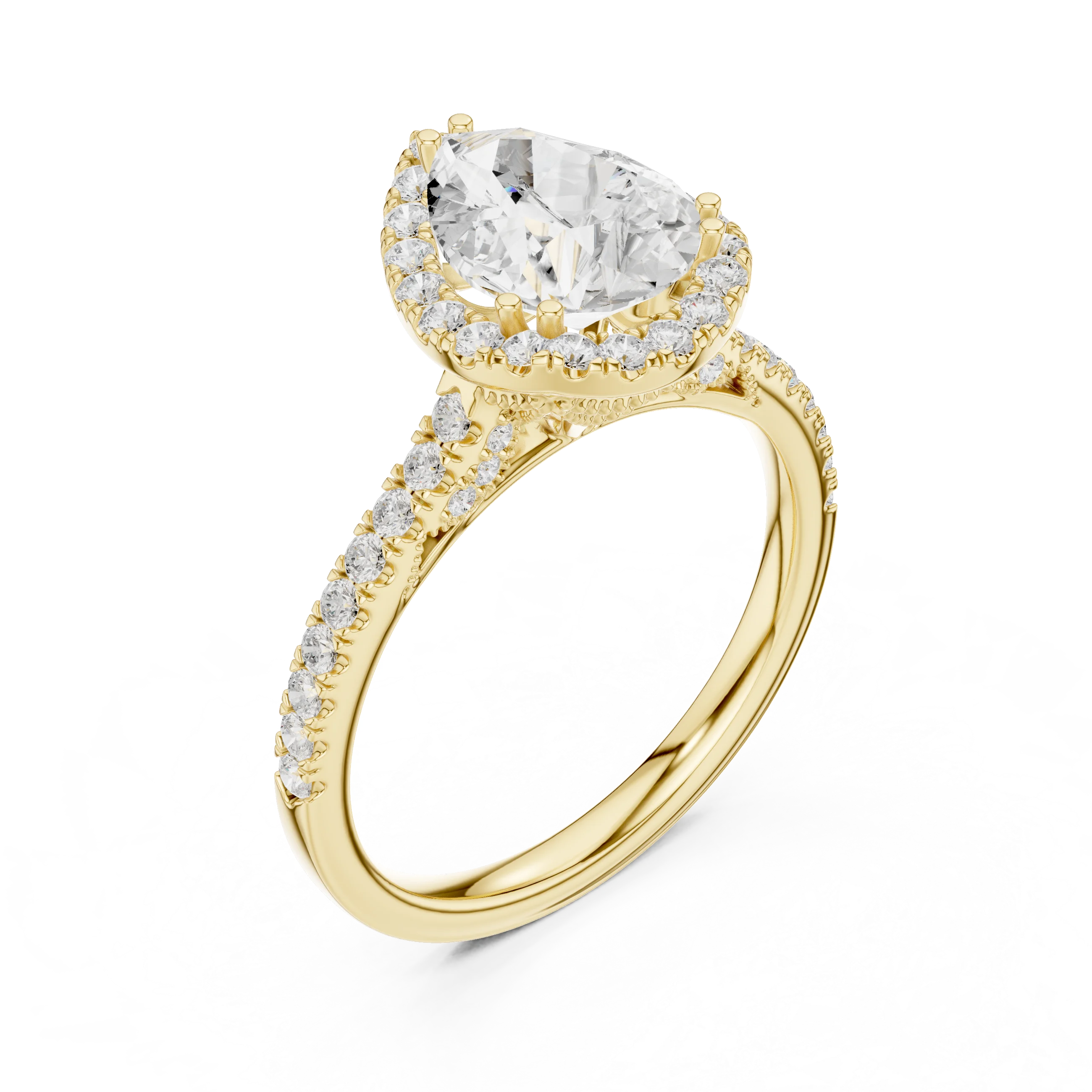 Pear Cut Diamond Halo Engagement Ring with Pave Band
