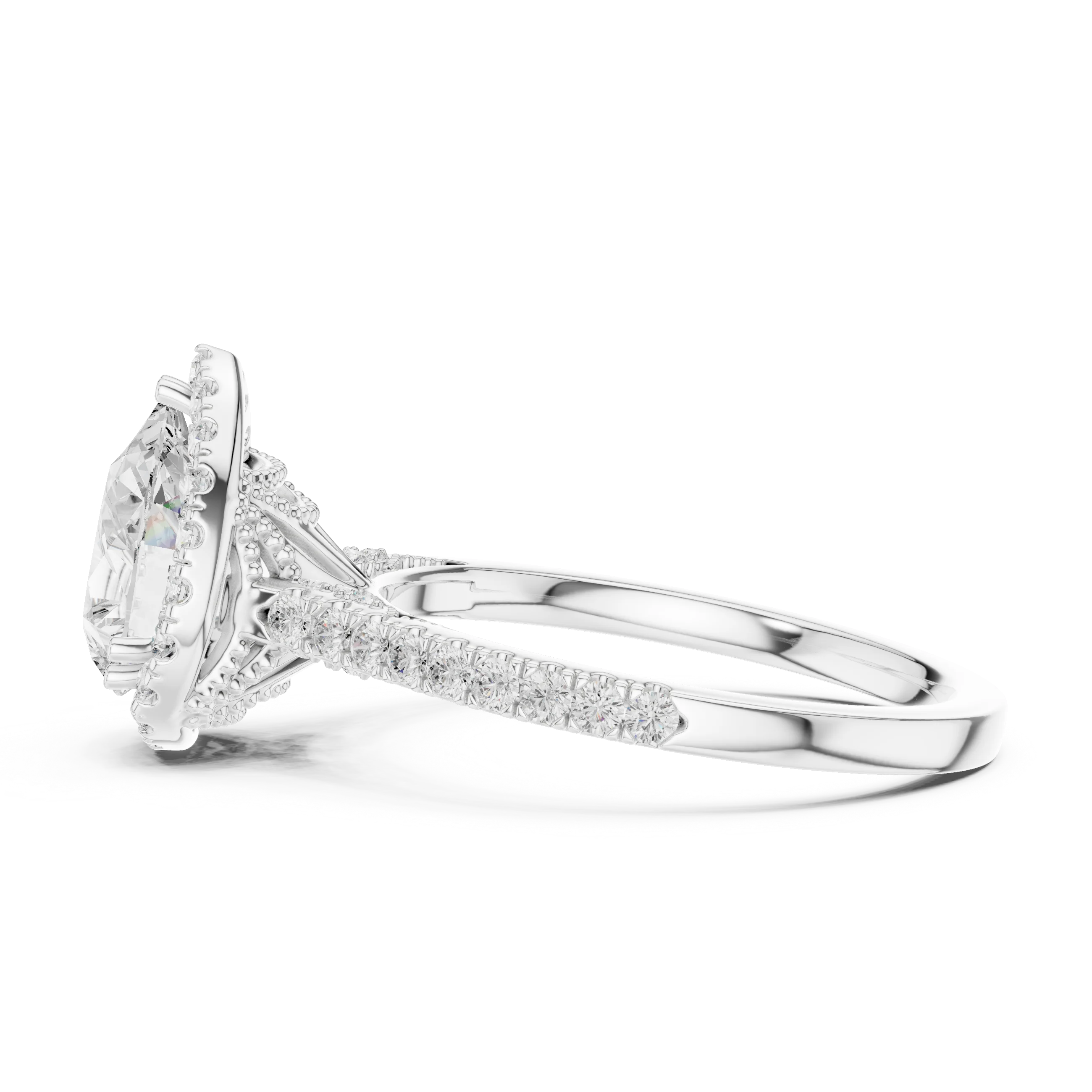 Pear Cut Diamond Halo Engagement Ring with Pave Band