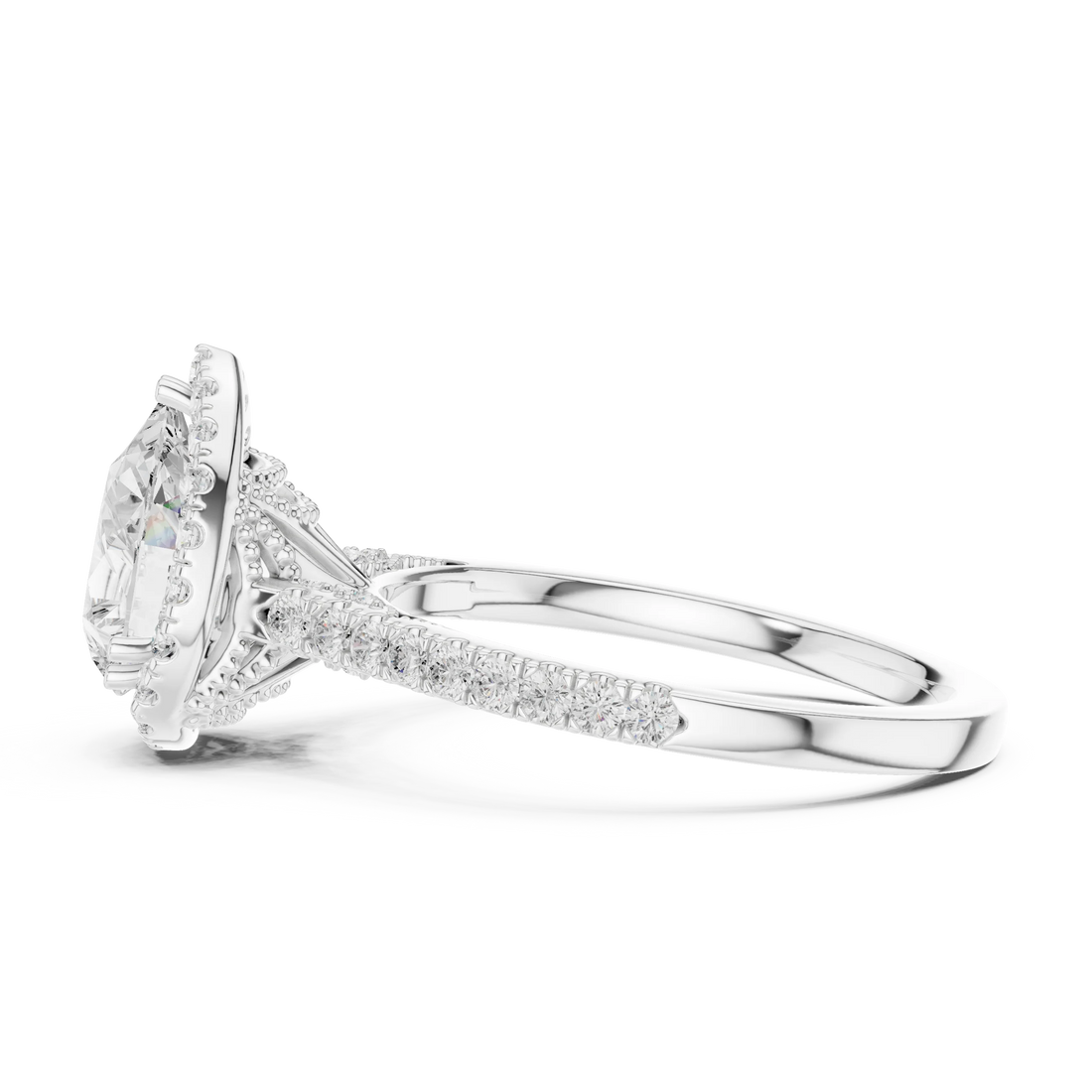 Pear Cut Diamond Halo Engagement Ring with Pave Band