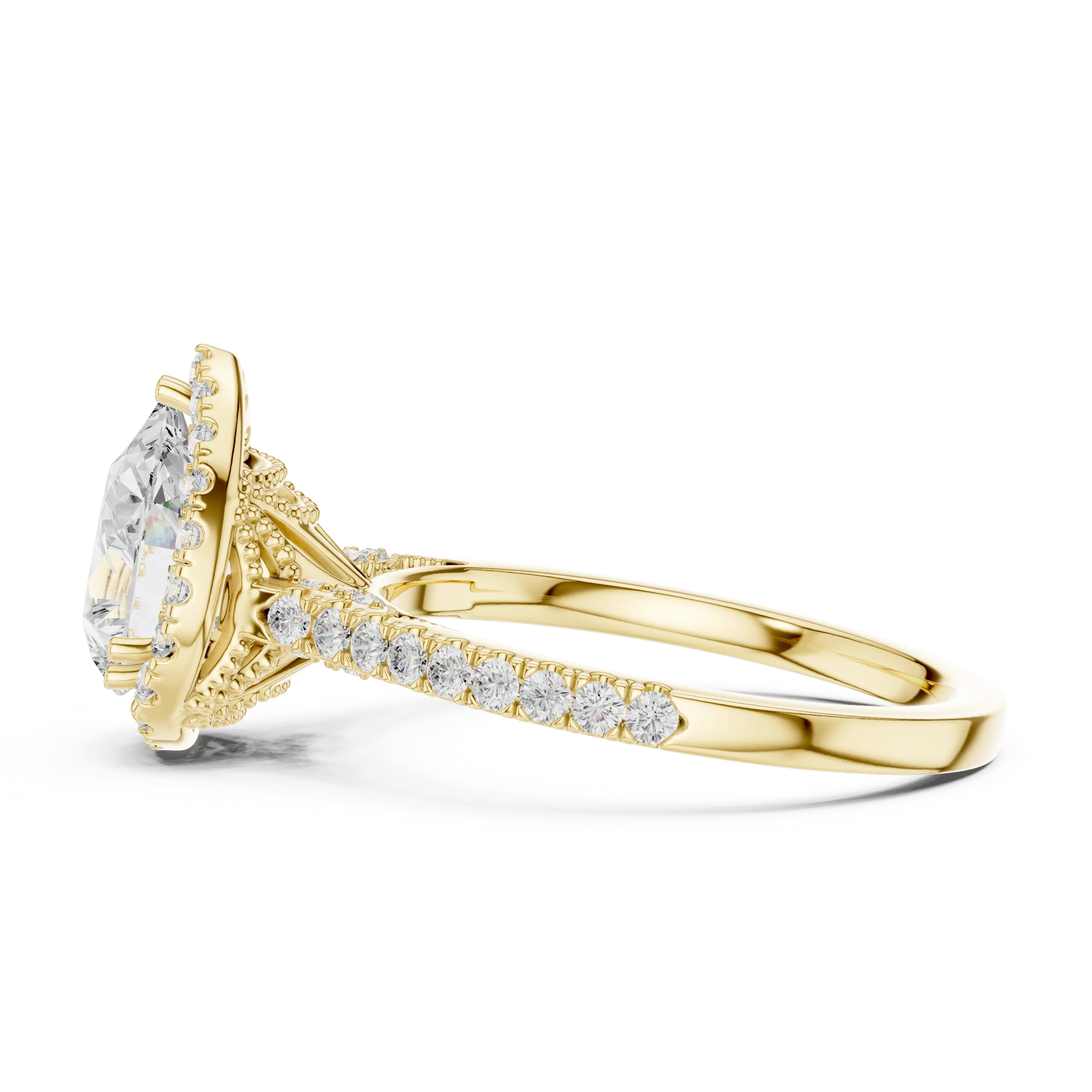 Pear Cut Diamond Halo Engagement Ring with Pave Band