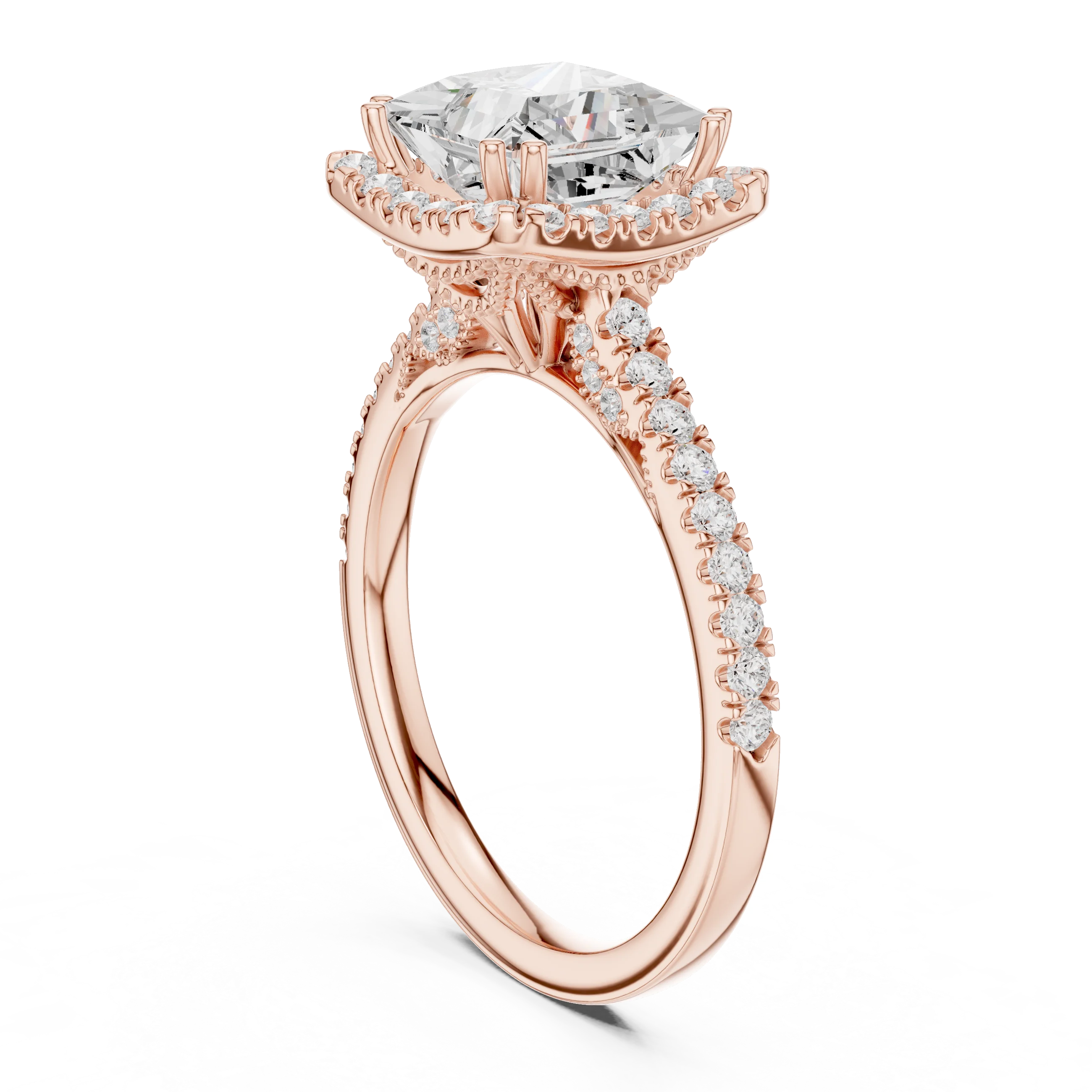 Princess Cut Diamond Halo Engagement Ring with Pave Band