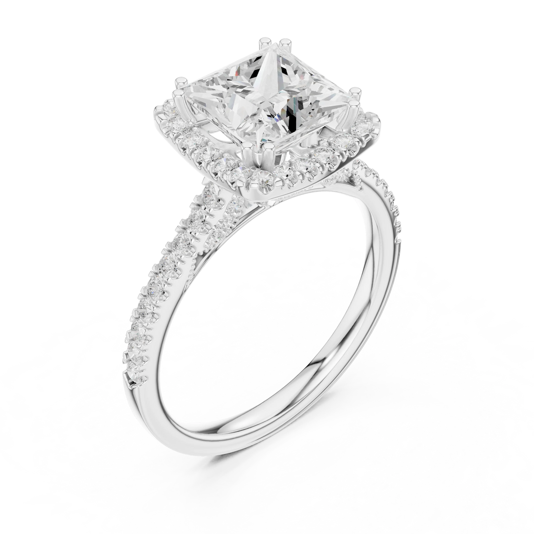 Princess Cut Diamond Halo Engagement Ring with Pave Band