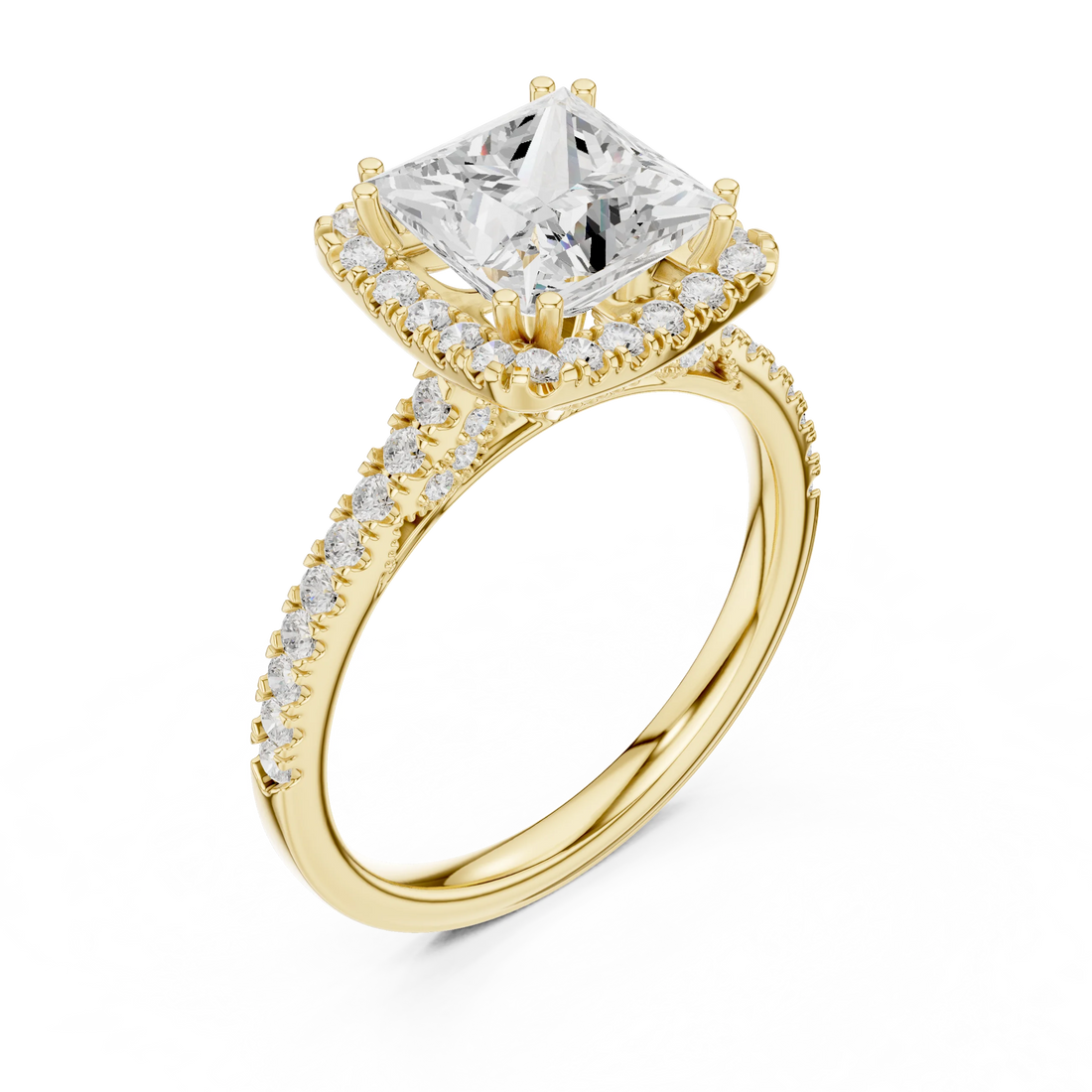 Princess Cut Diamond Halo Engagement Ring with Pave Band