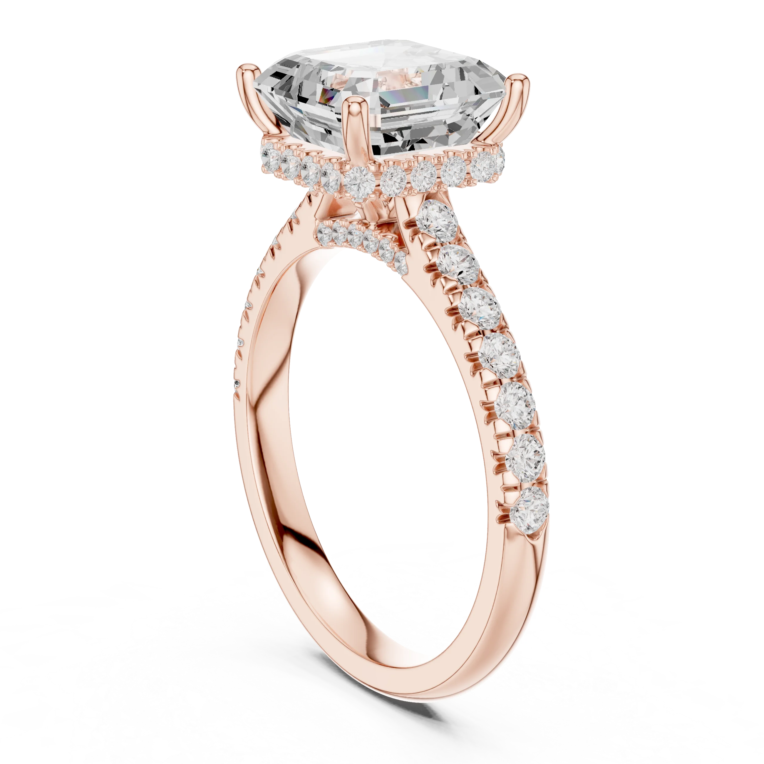 Asscher Cut Diamond Hidden Halo Engagement Ring with Pave Band