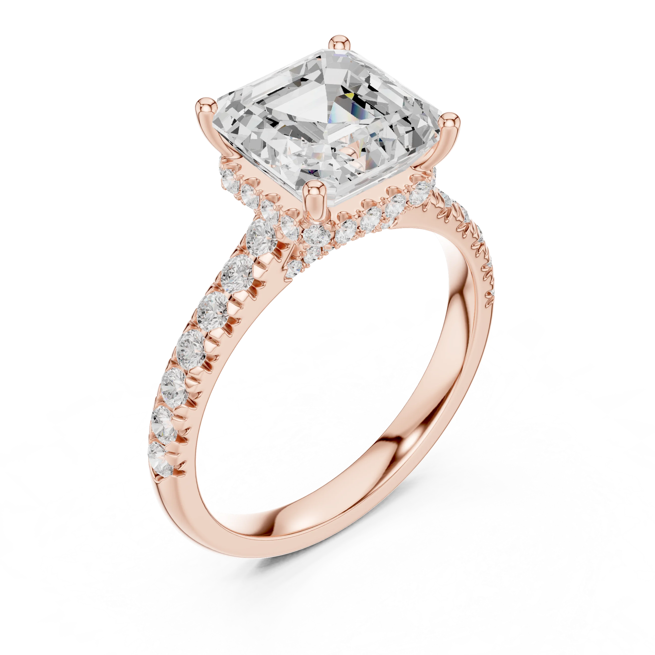 Asscher Cut Diamond Hidden Halo Engagement Ring with Pave Band