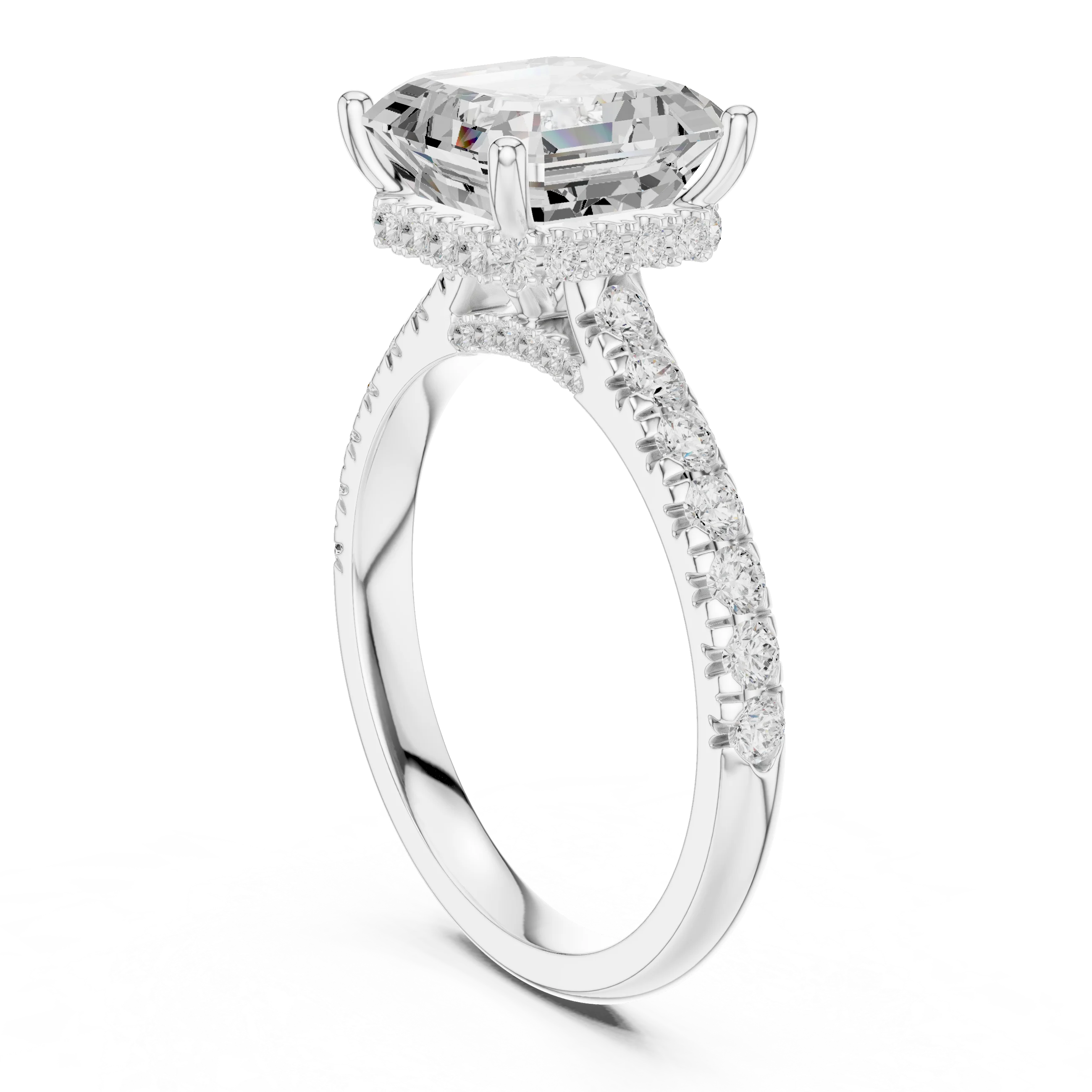 Asscher Cut Diamond Hidden Halo Engagement Ring with Pave Band