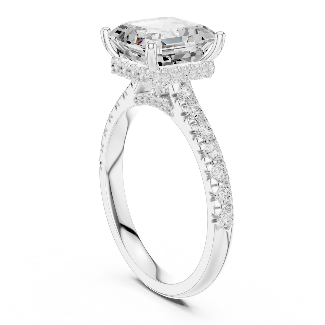 Asscher Cut Diamond Hidden Halo Engagement Ring with Pave Band