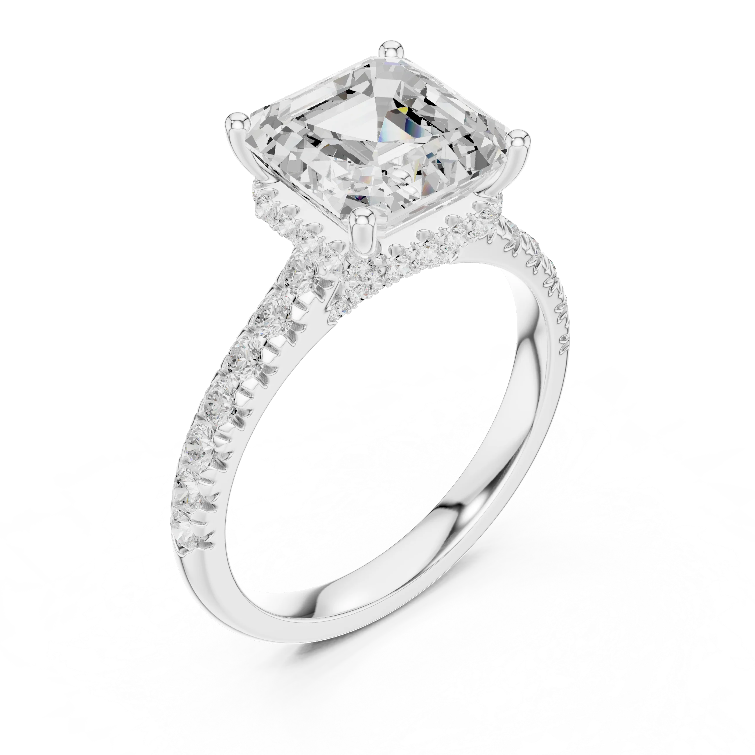 Asscher Cut Diamond Hidden Halo Engagement Ring with Pave Band