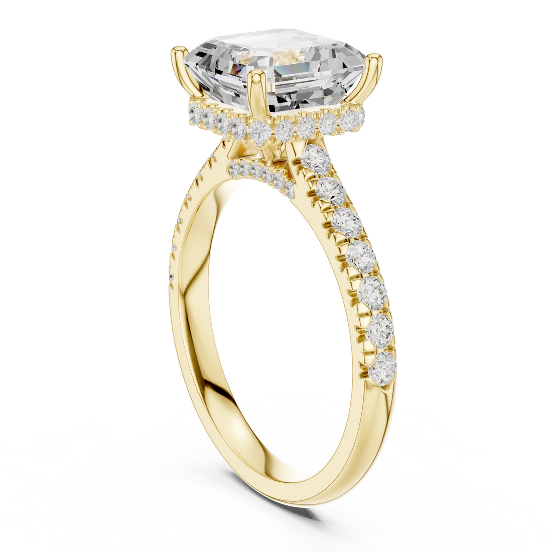 Asscher Cut Diamond Hidden Halo Engagement Ring with Pave Band