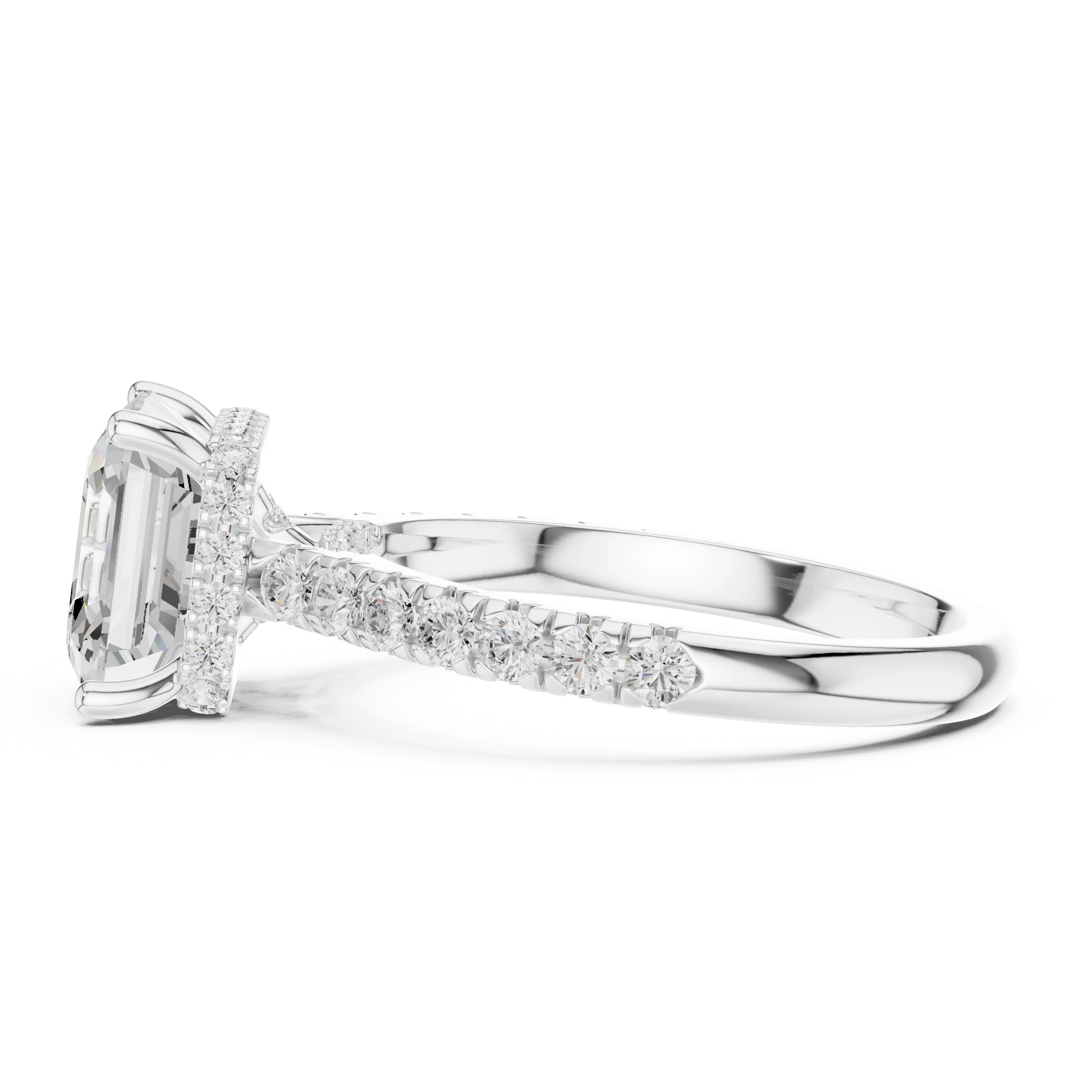 Asscher Cut Diamond Hidden Halo Engagement Ring with Pave Band
