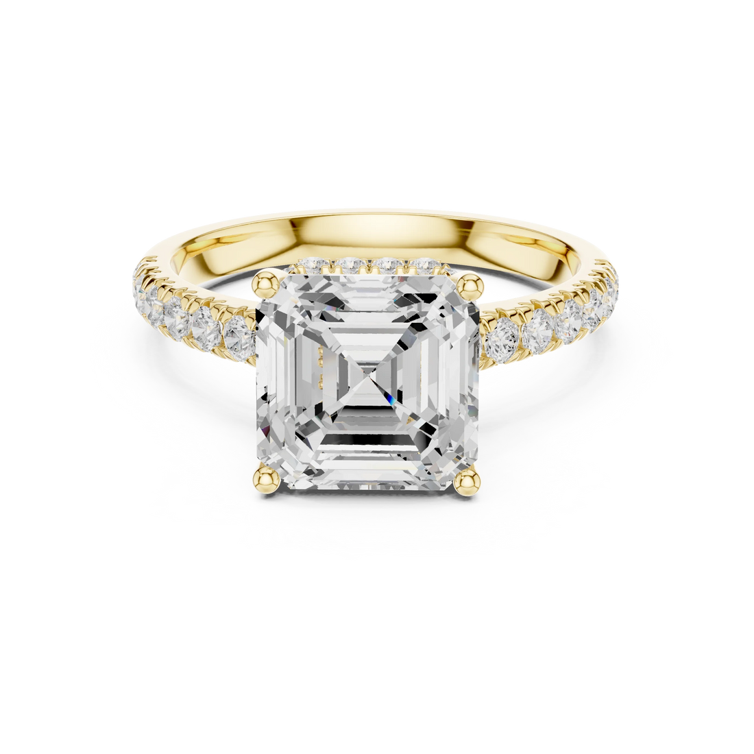 Asscher Cut Diamond Hidden Halo Engagement Ring with Pave Band