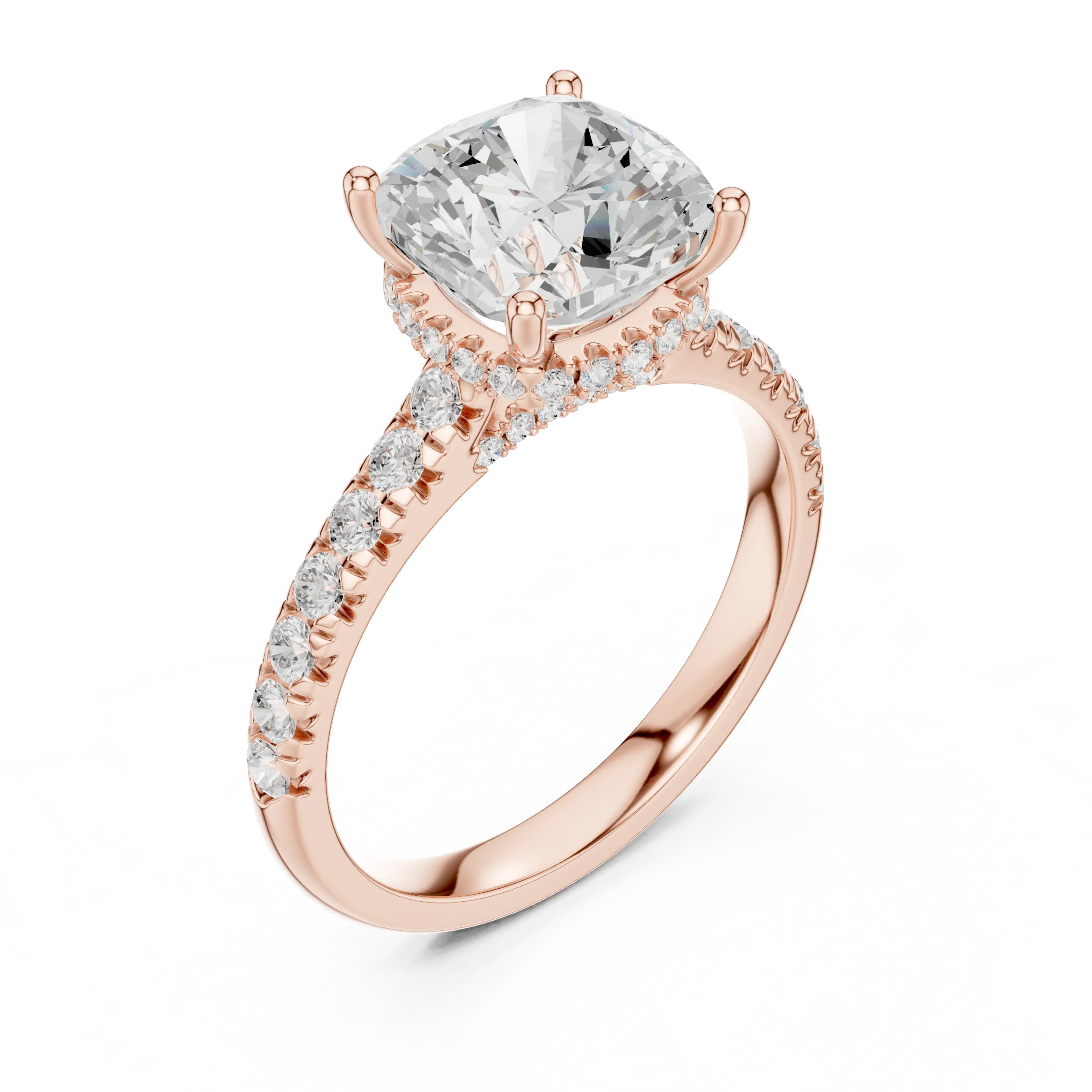 Cushion Cut Diamond Hidden Halo Engagement Ring with Pave Band