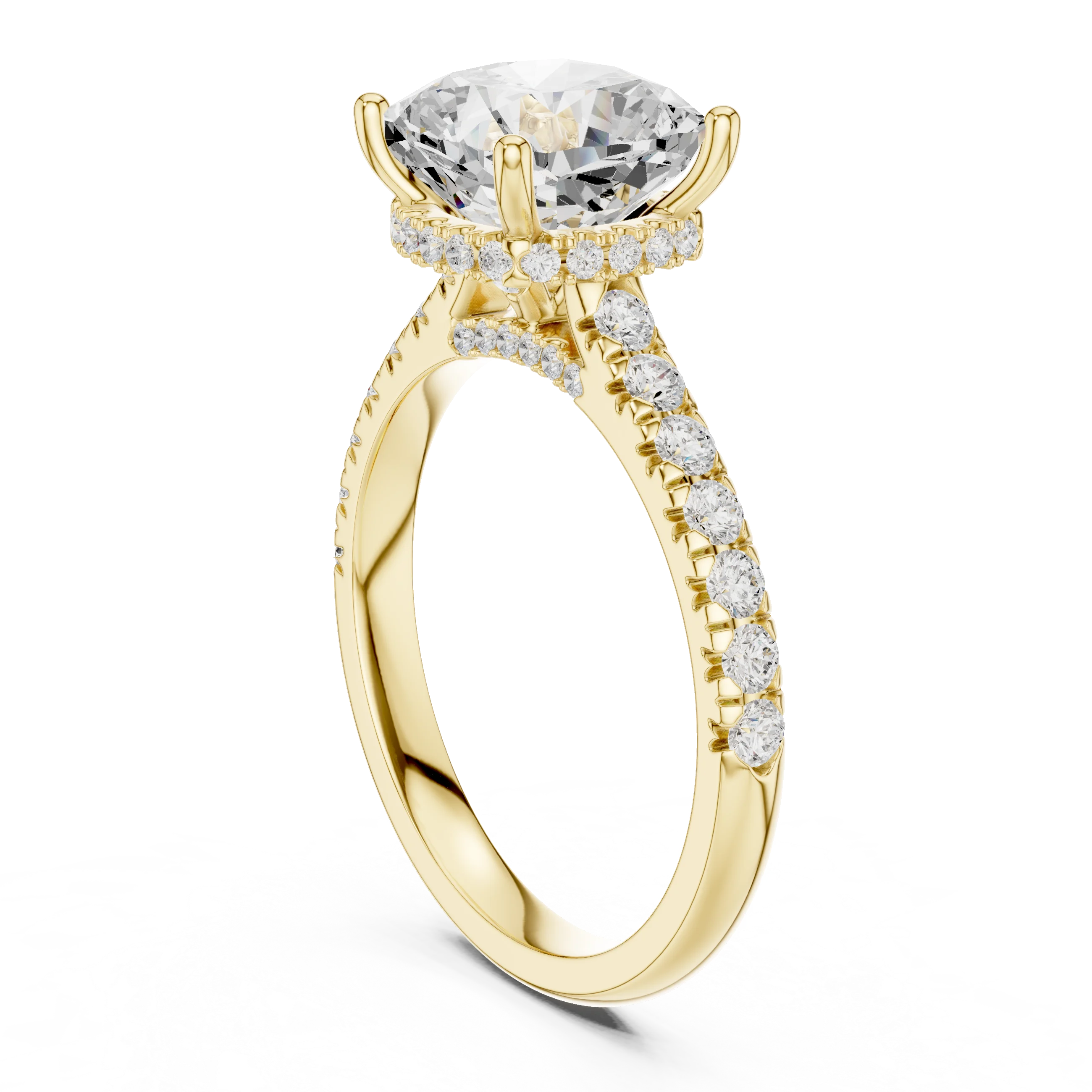 Cushion Cut Diamond Hidden Halo Engagement Ring with Pave Band