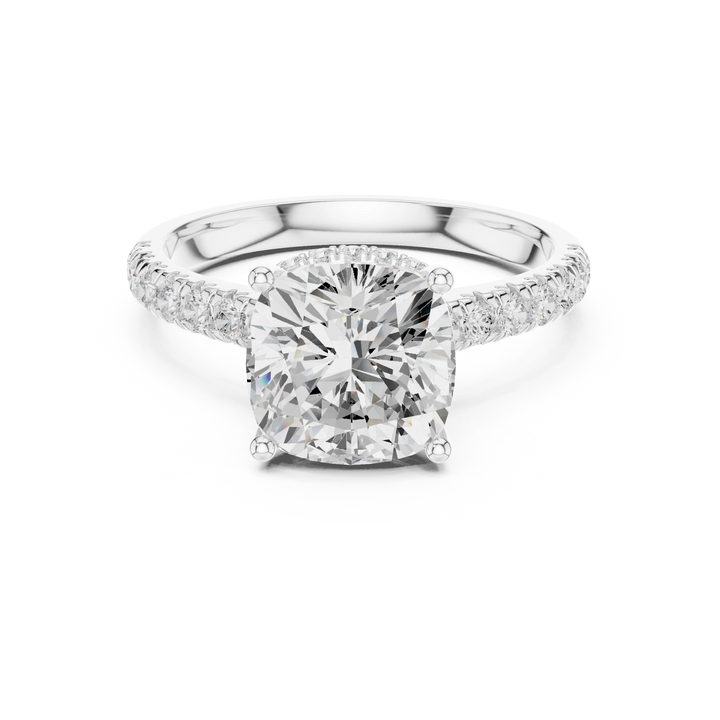 Cushion Cut Diamond Hidden Halo Engagement Ring with Pave Band