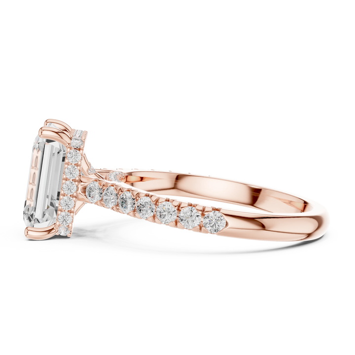 Emerald Cut Diamond Hidden Halo Engagement Ring with Pave Band