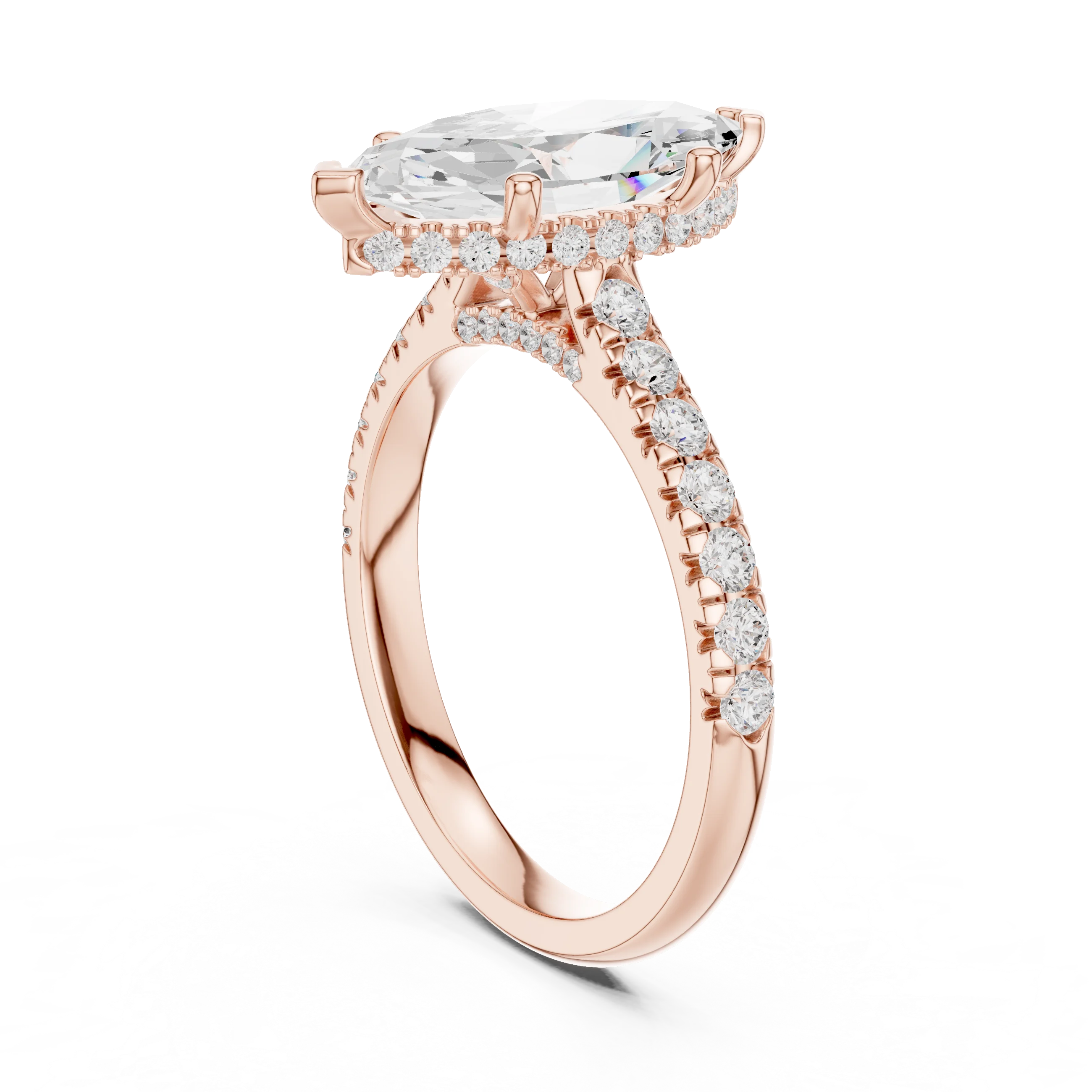 Marquise Cut Diamond Hidden Halo Engagement Ring with Pave Band