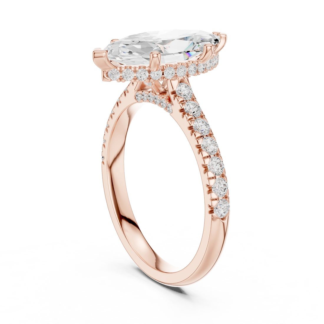 Marquise Cut Diamond Hidden Halo Engagement Ring with Pave Band