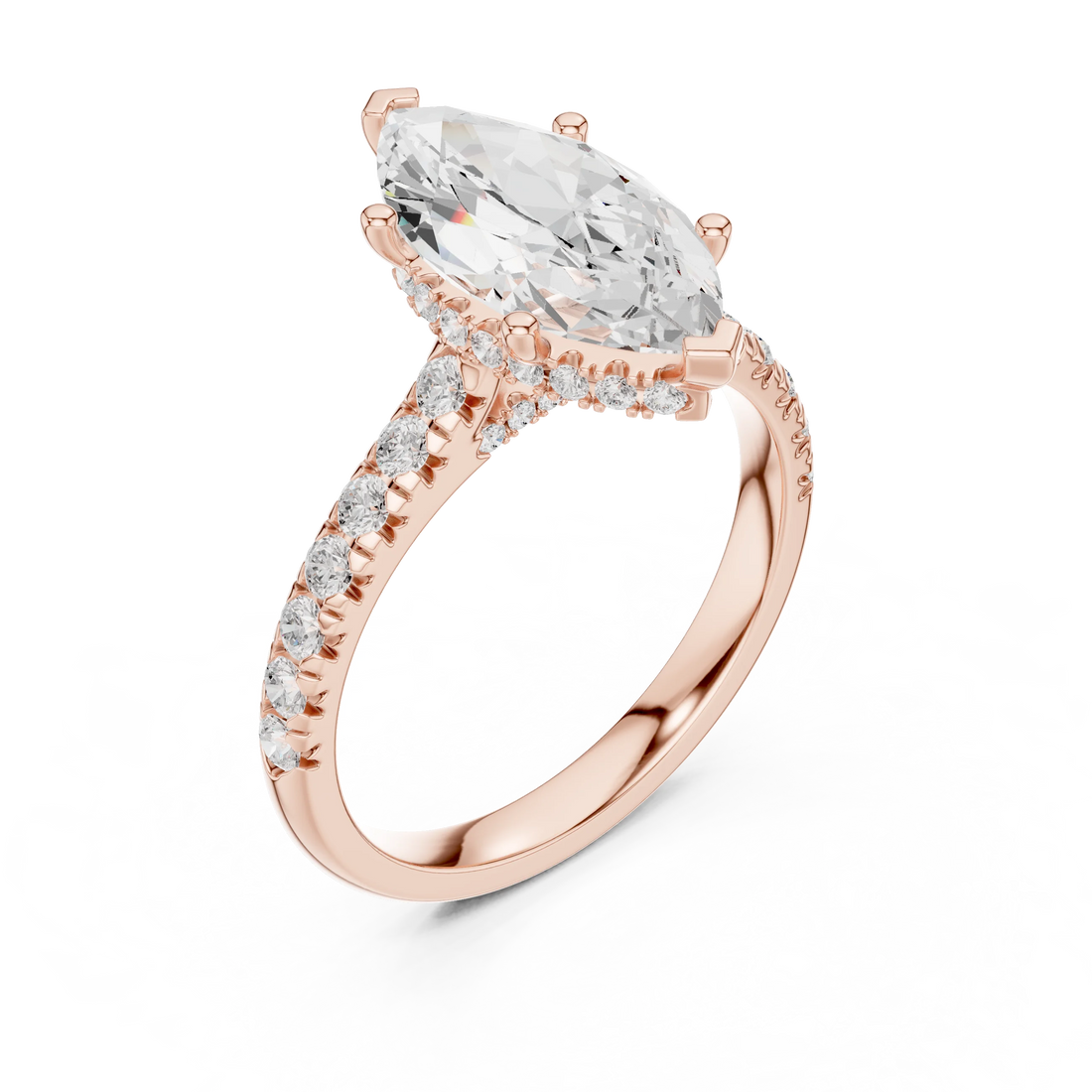 Marquise Cut Diamond Hidden Halo Engagement Ring with Pave Band