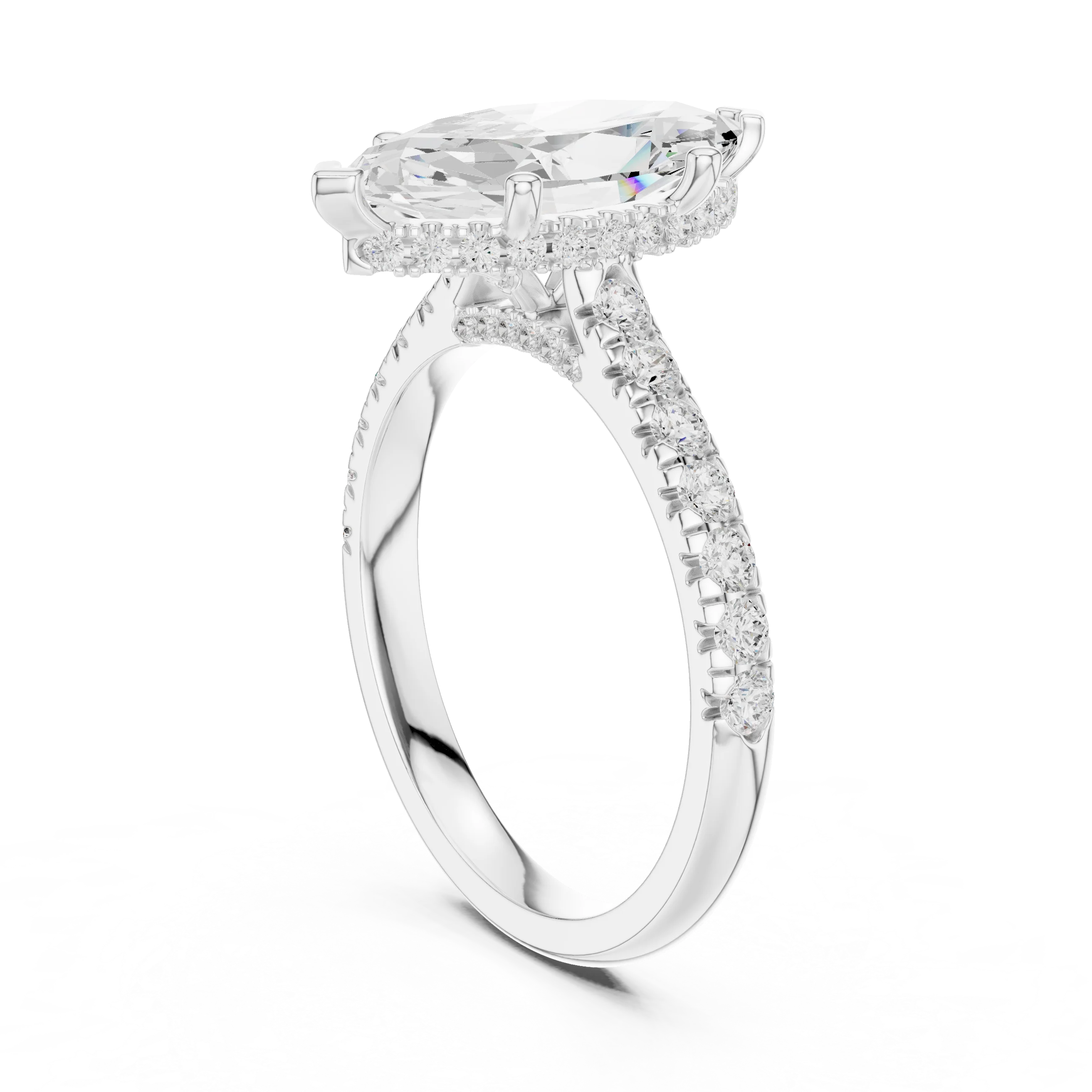 Marquise Cut Diamond Hidden Halo Engagement Ring with Pave Band