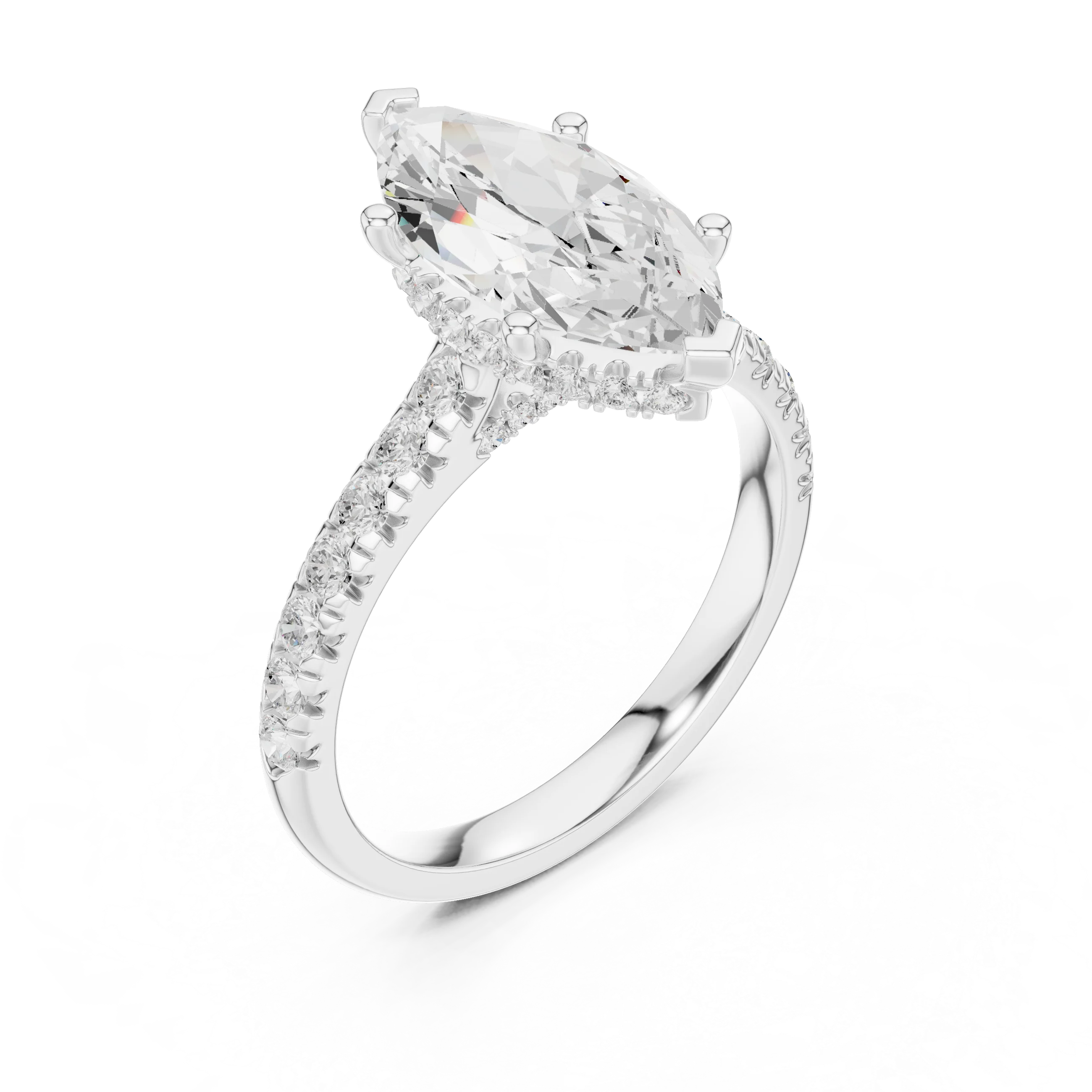 Marquise Cut Diamond Hidden Halo Engagement Ring with Pave Band