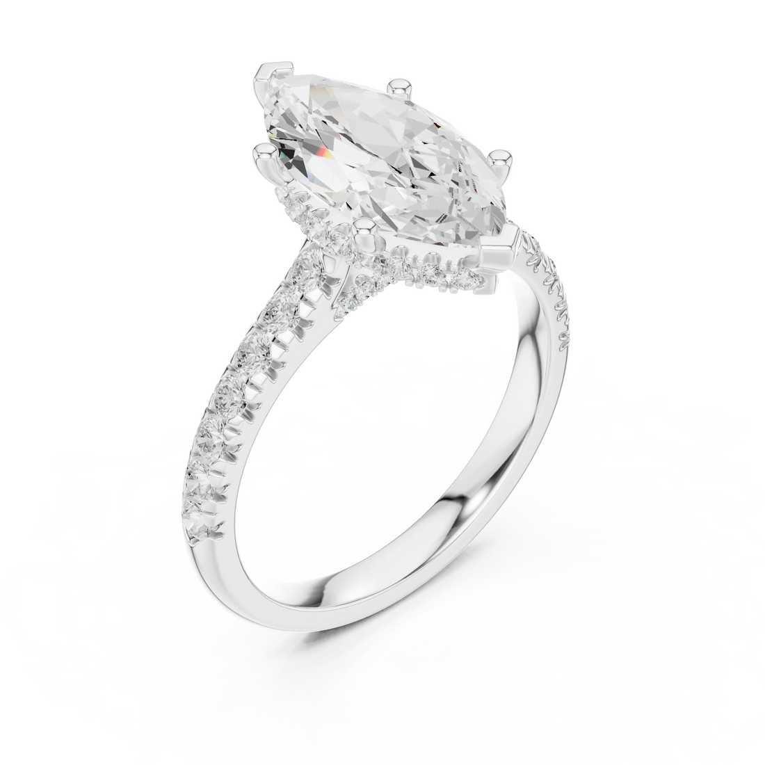 Marquise Cut Diamond Hidden Halo Engagement Ring with Pave Band