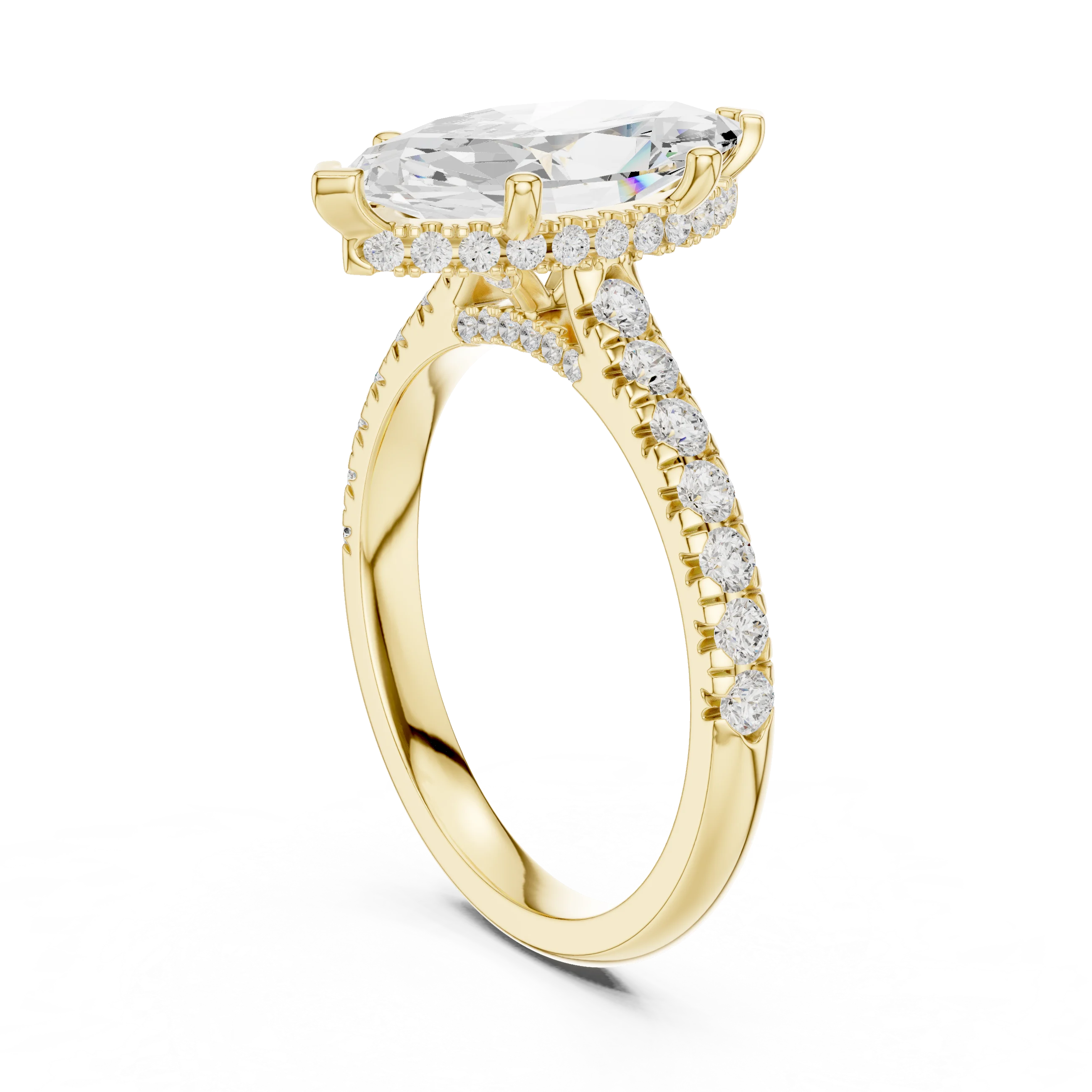 Marquise Cut Diamond Hidden Halo Engagement Ring with Pave Band