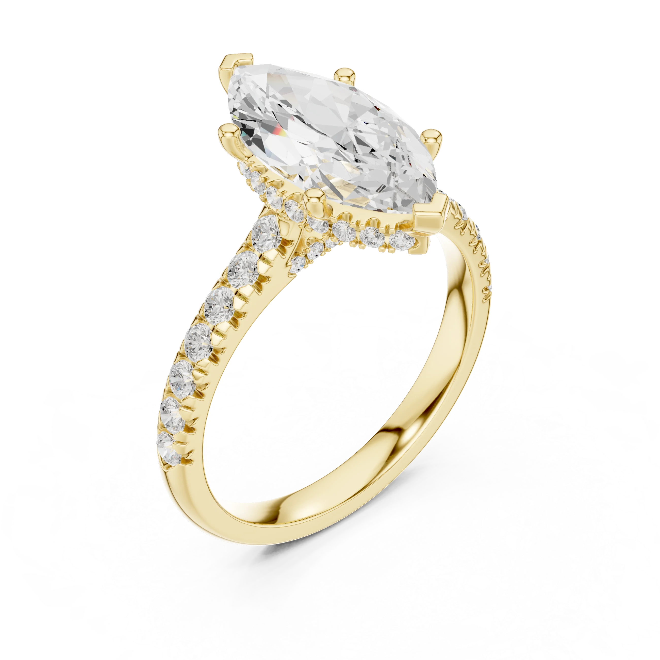 Marquise Cut Diamond Hidden Halo Engagement Ring with Pave Band