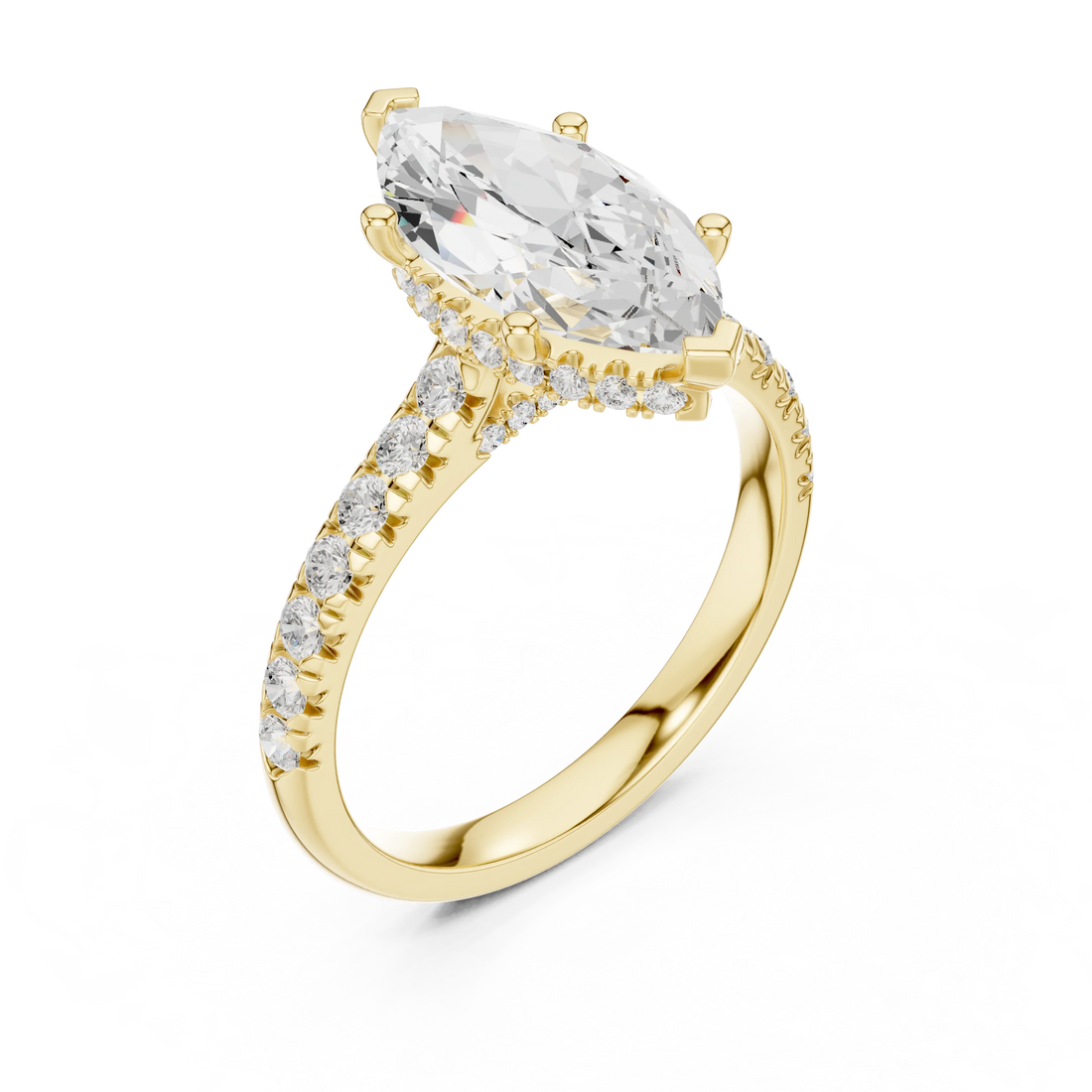 Marquise Cut Diamond Hidden Halo Engagement Ring with Pave Band