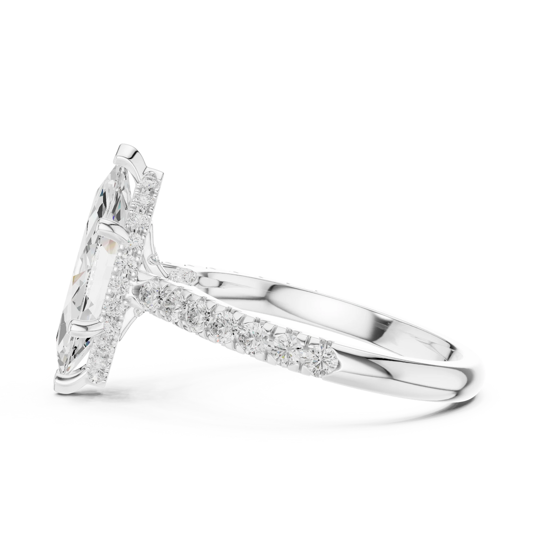 Marquise Cut Diamond Hidden Halo Engagement Ring with Pave Band